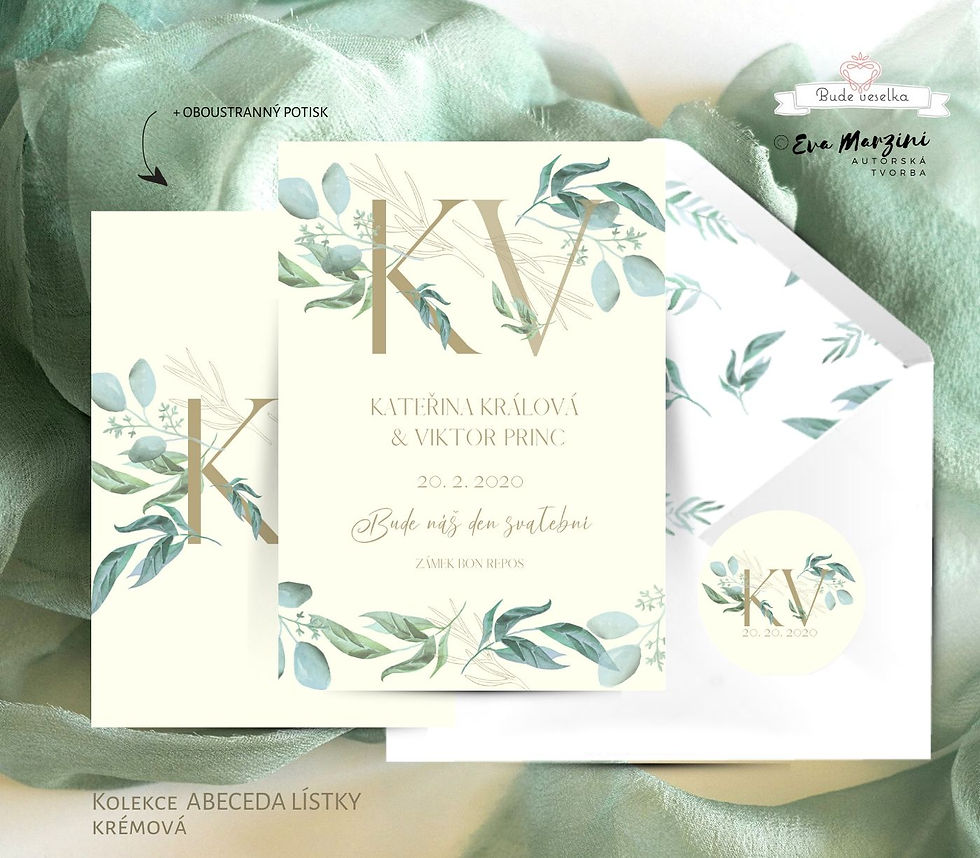 Miniatura: Svatební oznámení ivory přírodní zelené se zelenými lístky tištěné na krémovém, ivory papíru, vintage a boho styl