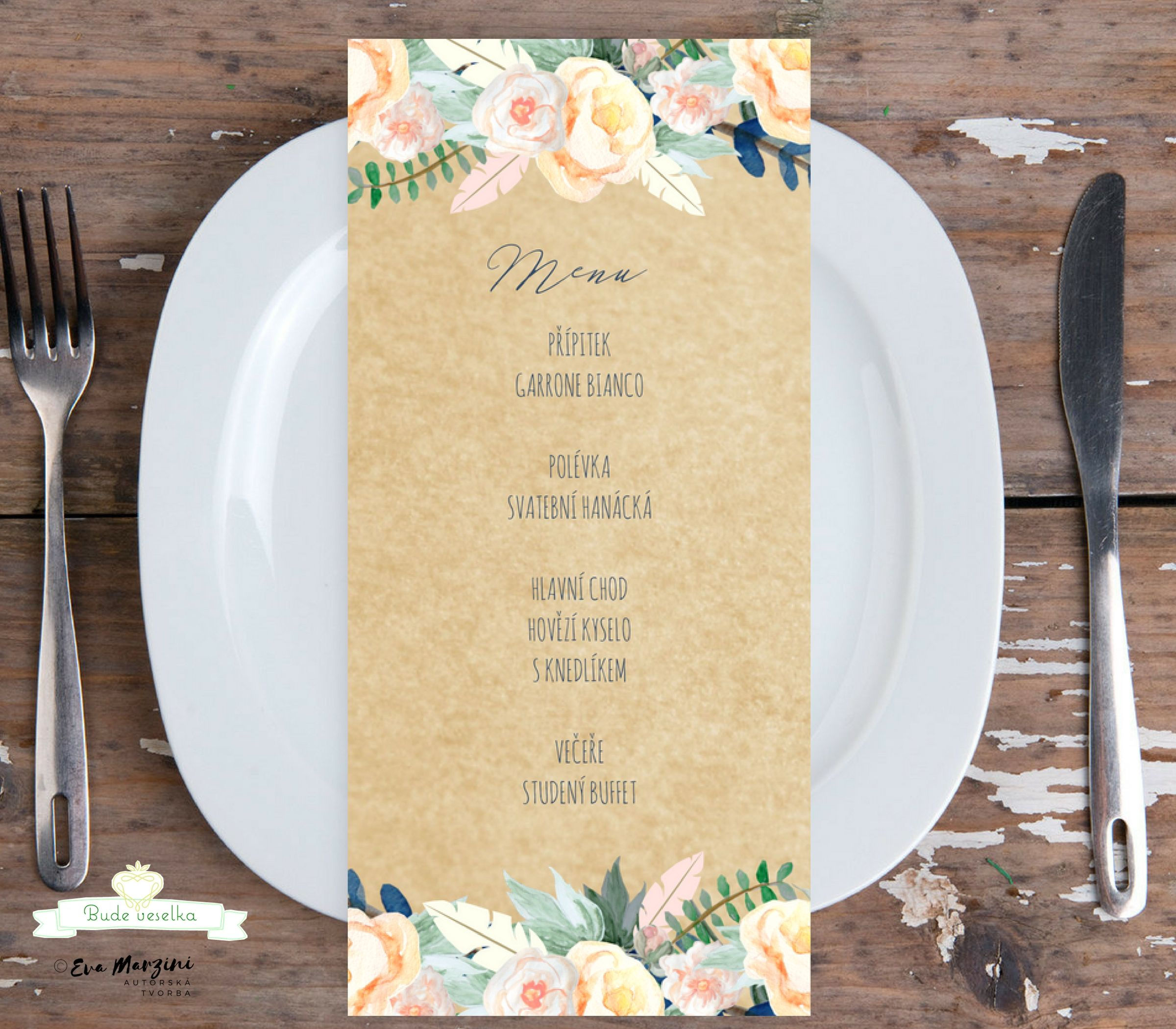 Svatební menu Boho růže No.3, 99x210 mm tištěné