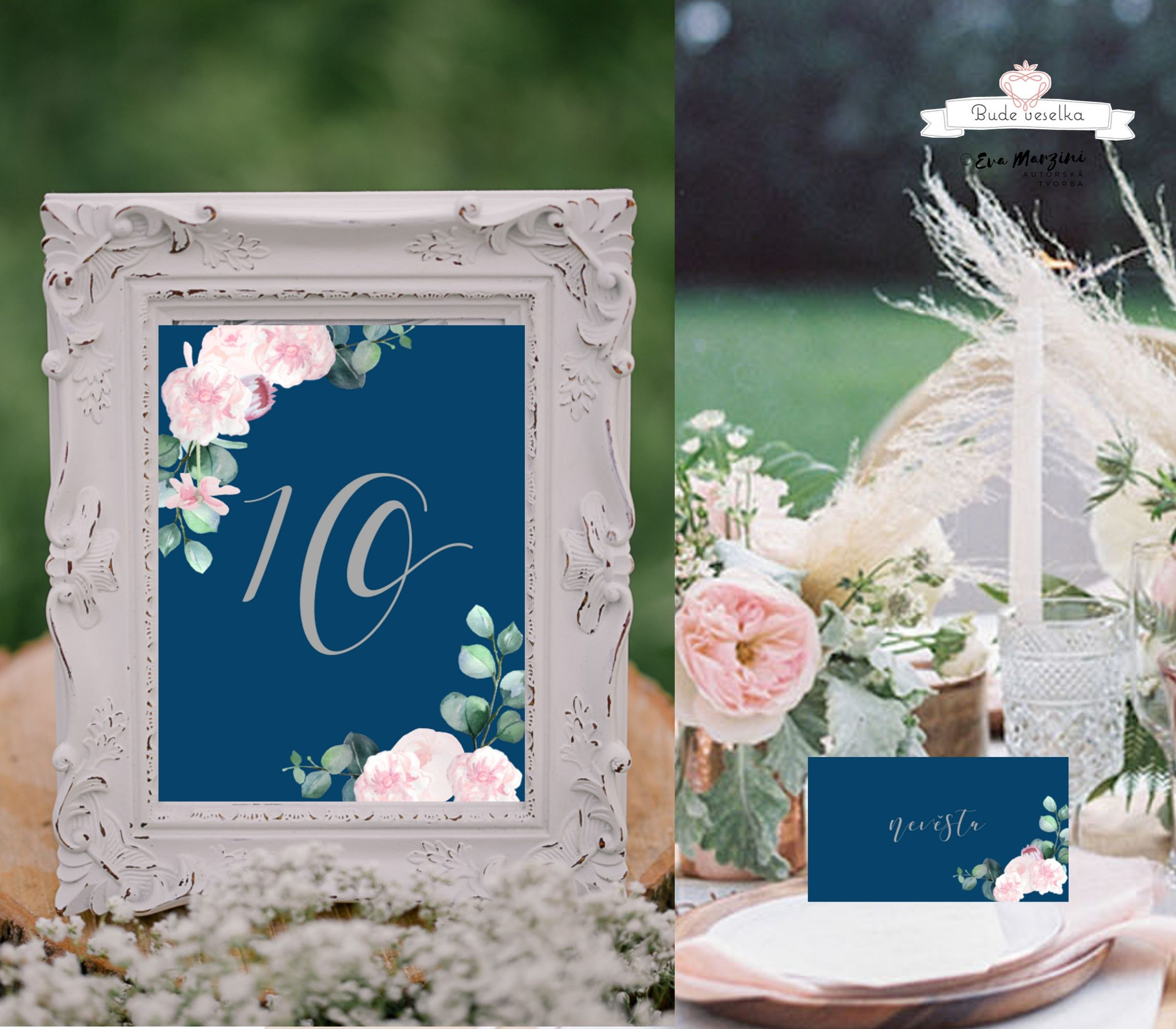 Čísla 1-10 na stoly Šípkové růže, modré a bílé
