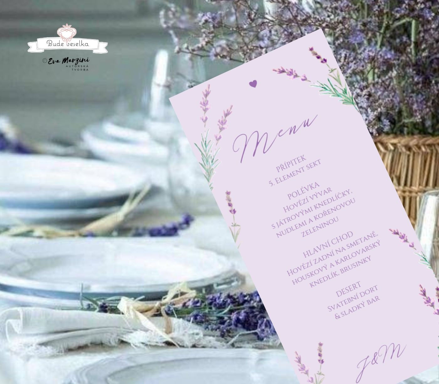 Svatební menu Levandule a něha, v lila, 99 mm x 210 mm tištěné
