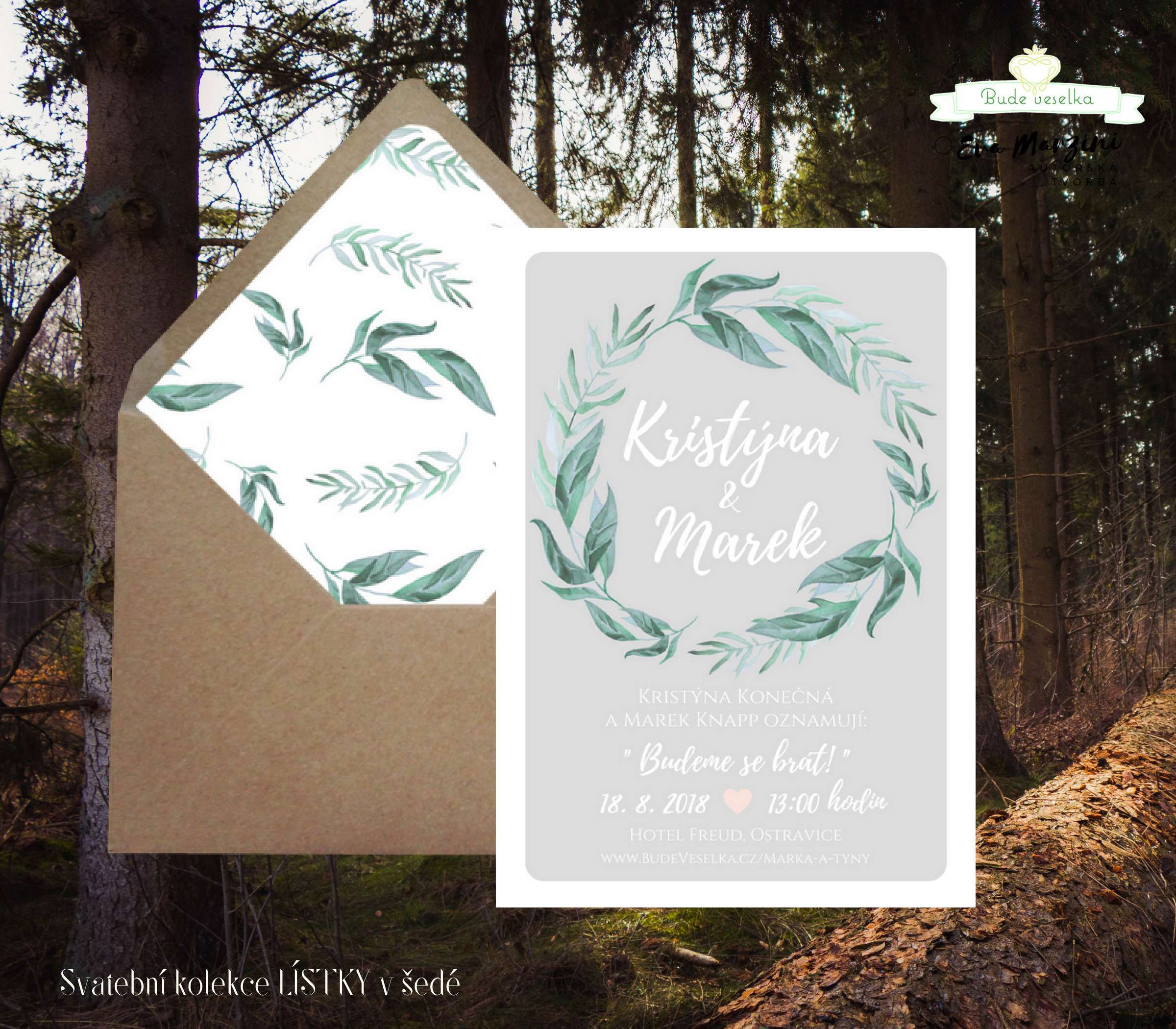 Svatební oznámení lesní, přírodní, rustikální šedé s věnečkem z lístků ve stylu boho vintage