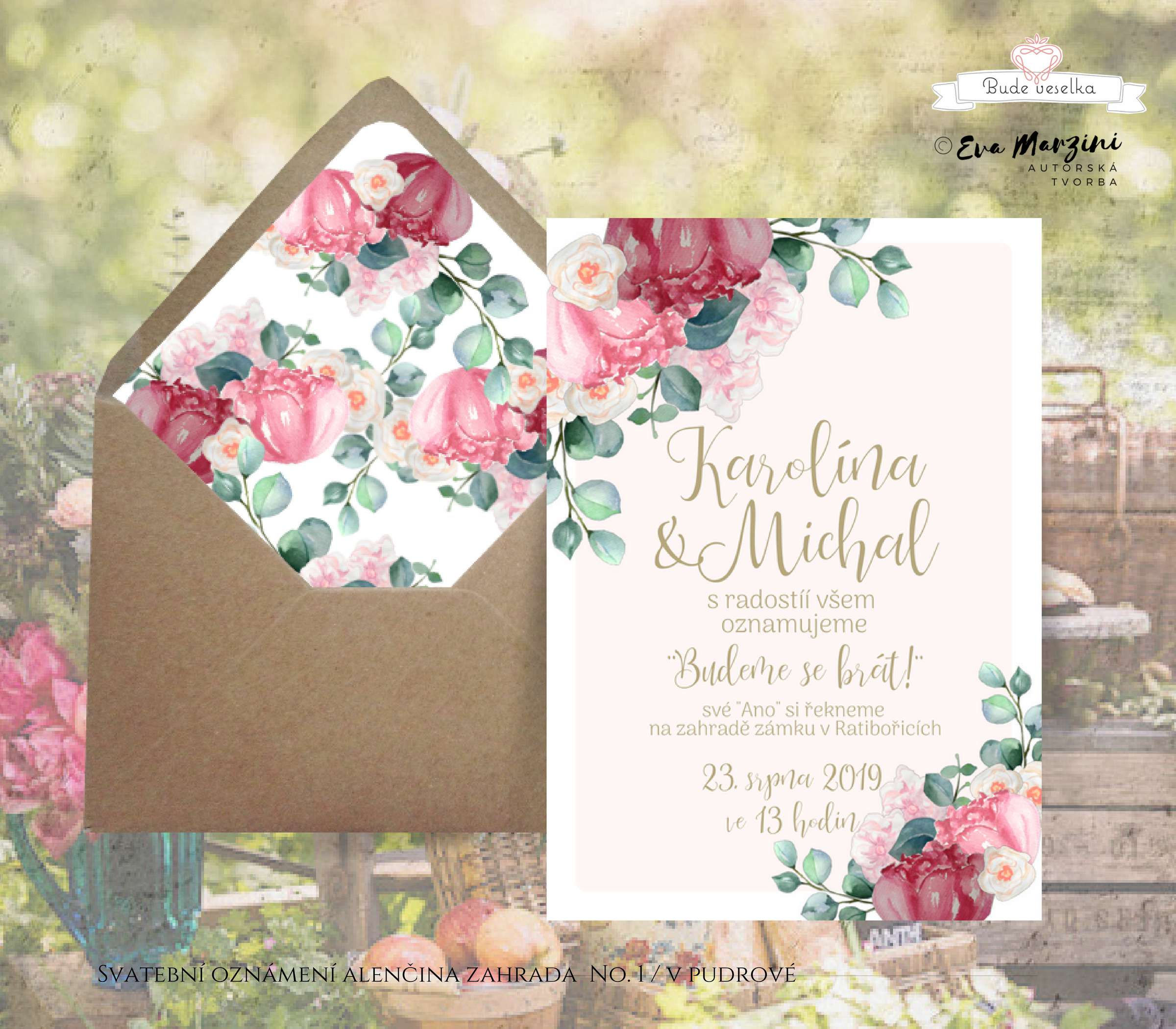 Svatební oznámení s malinovými a růžovými pivoňkami, meruňkovými růžemi, eukalyptem ve stylech boho vintage a přírodní rustic