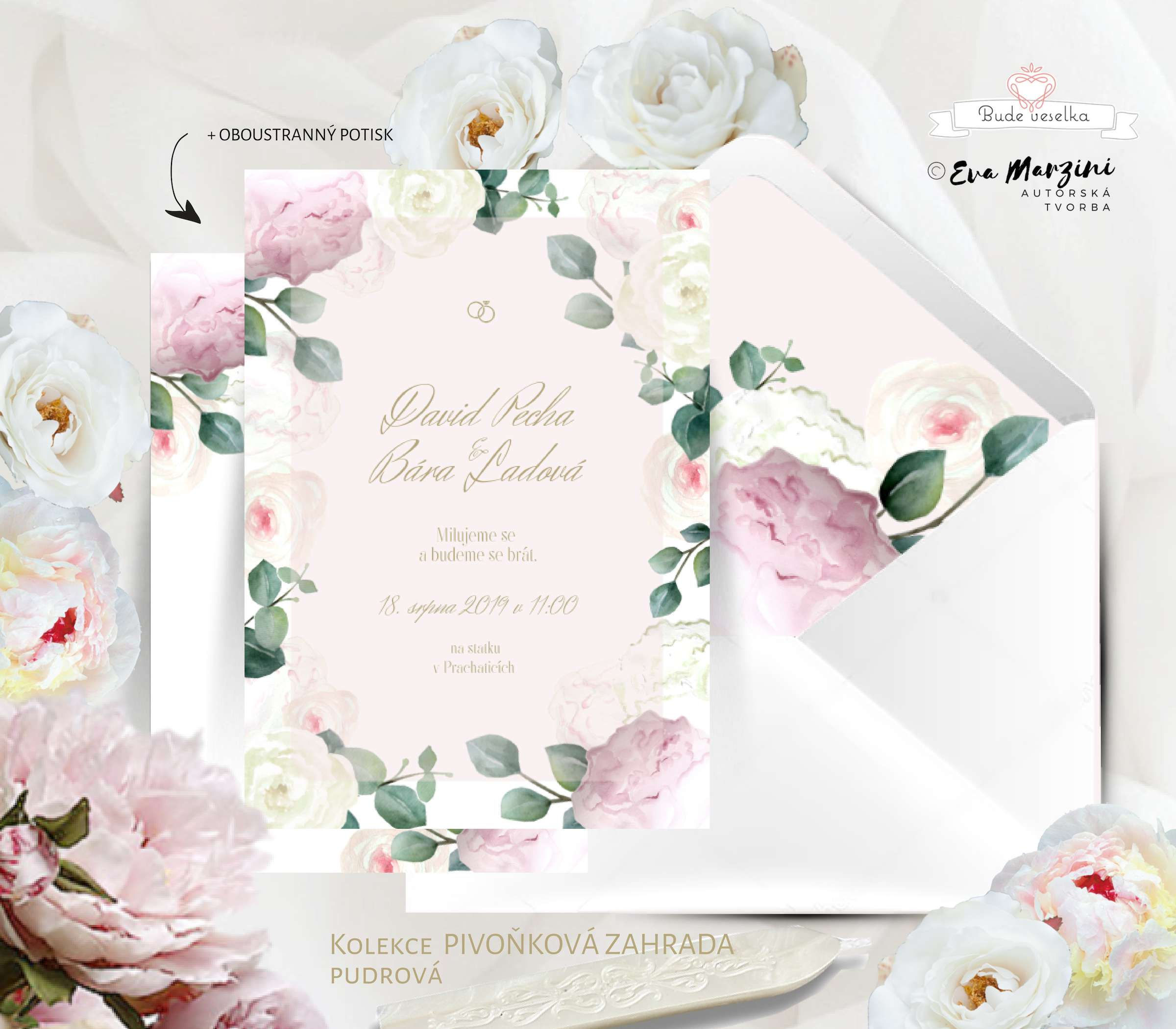 Svatební oznámení Pivoňková zahrada s bílými a růžovými pivoňkovými růžemi ve stylech boho a rustikálním, v pudrové růžové.