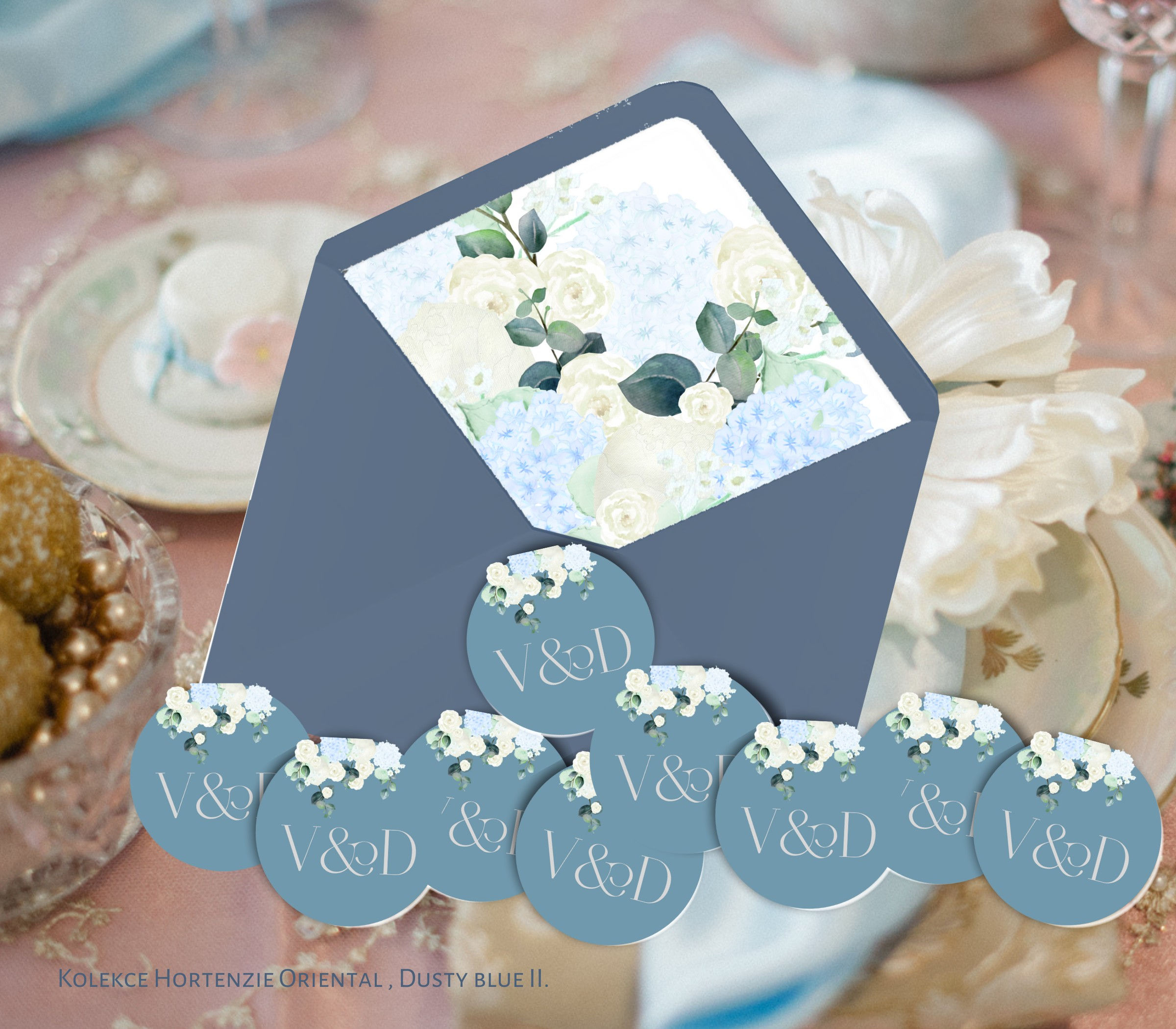 Kulaté nálepky Hortenzie Oriental, dusty blue II., 72 ks /45 mm