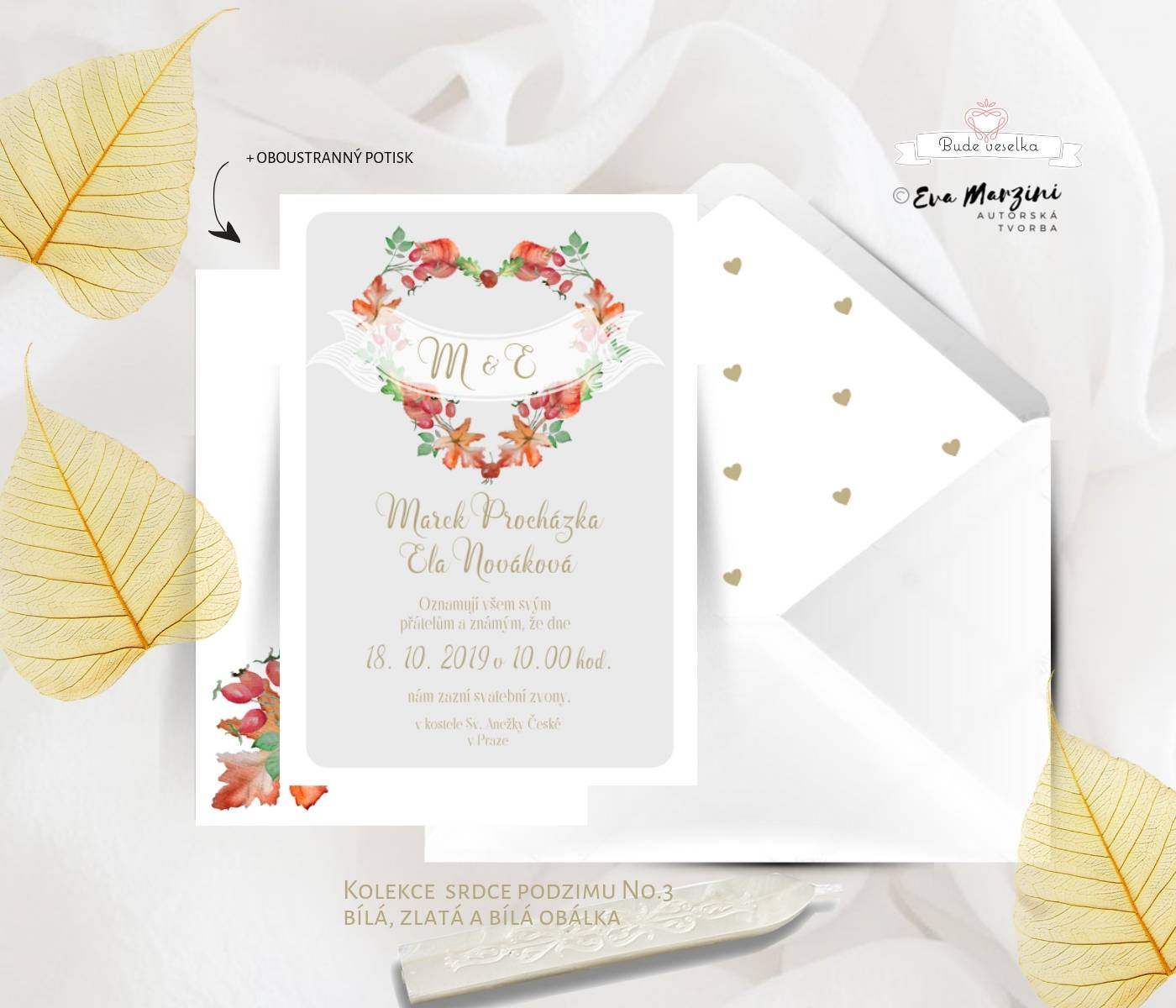 Svatební oznámení Srdce podzimu s padajícími listy ve tvaru srdce v šedé v rustikálním a vntage stylu