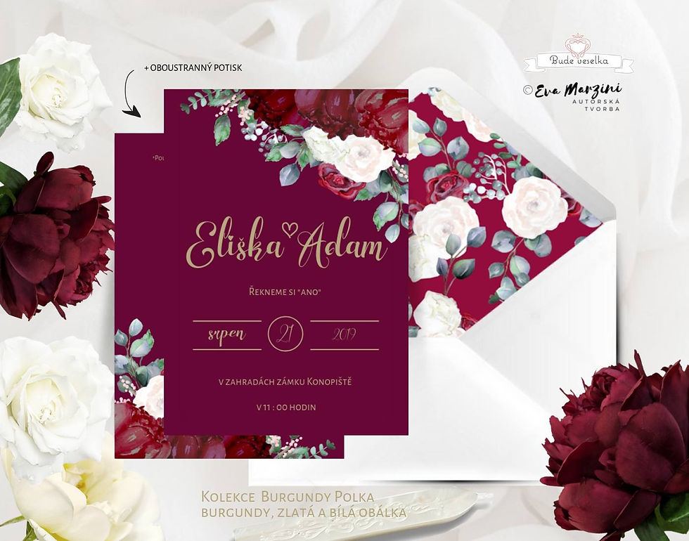 Miniatura: Svatební oznámení burgundy rustikální s vínovými a pudrovými květy ve stylu vintage, boho a rustikální