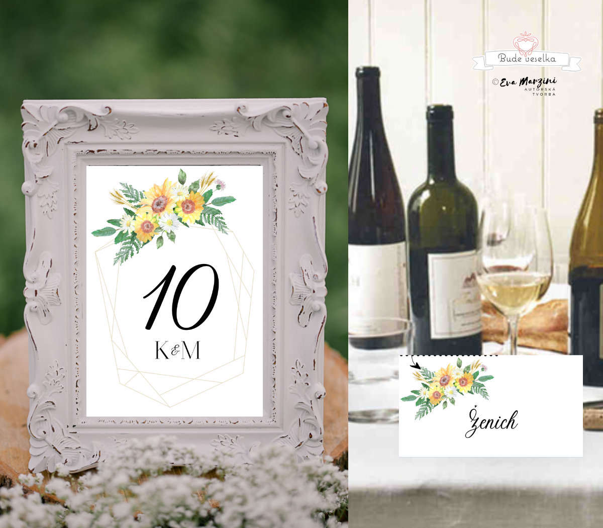 Čísla 1-10 na stoly Slunečnice Vintage, bílá