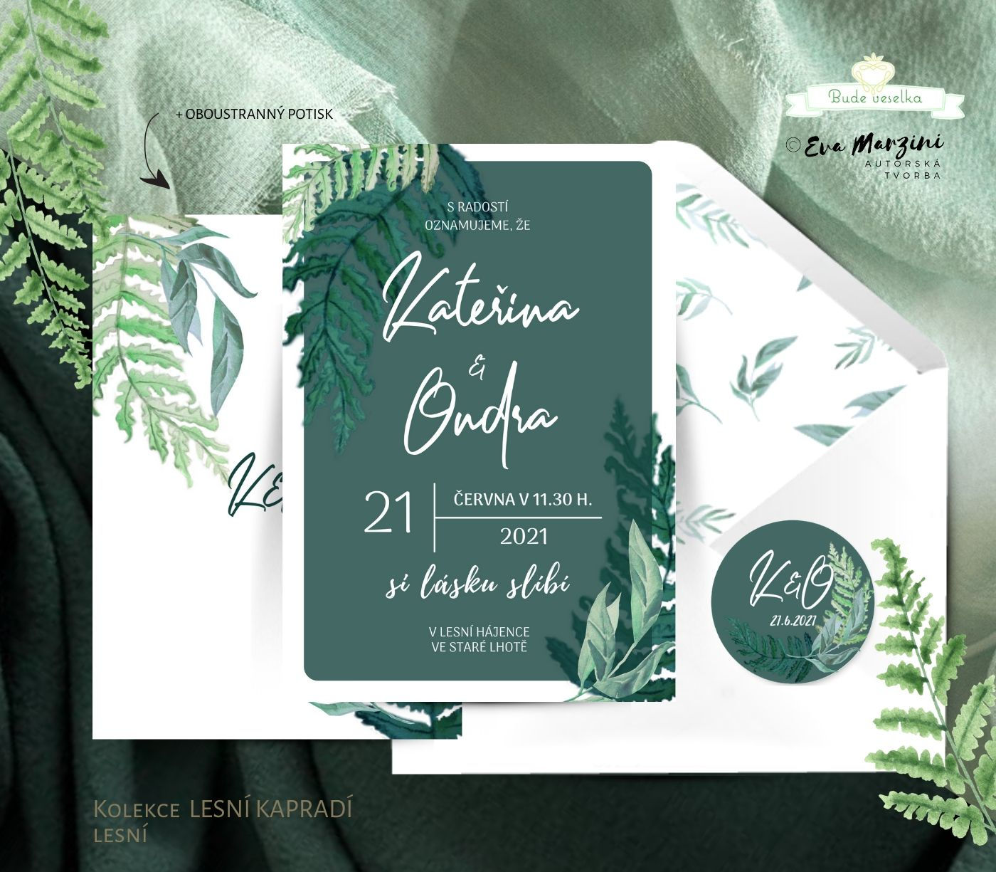 svatební oznámení s kapradinami tmavě zelené pro lesní svatby