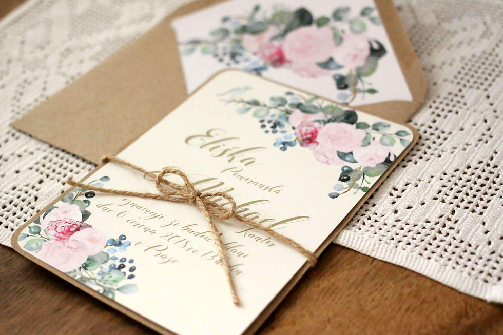 Miniatura: Svatební oznámení s pivoňkami v bílé, růžové, modré s ptáčkem ve stylech boho vintage a rustic