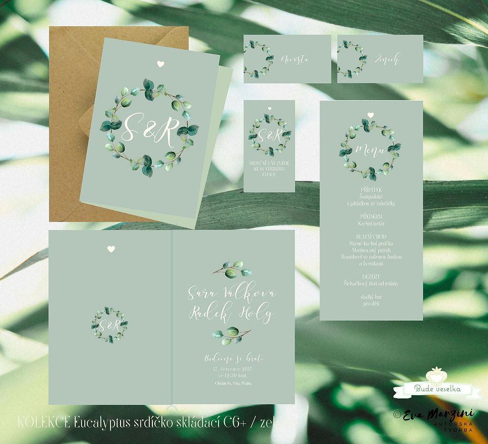 Miniatura: Svatební menu Eucalyptus srdíčkový - v olivové, 99x210 mm tištěné