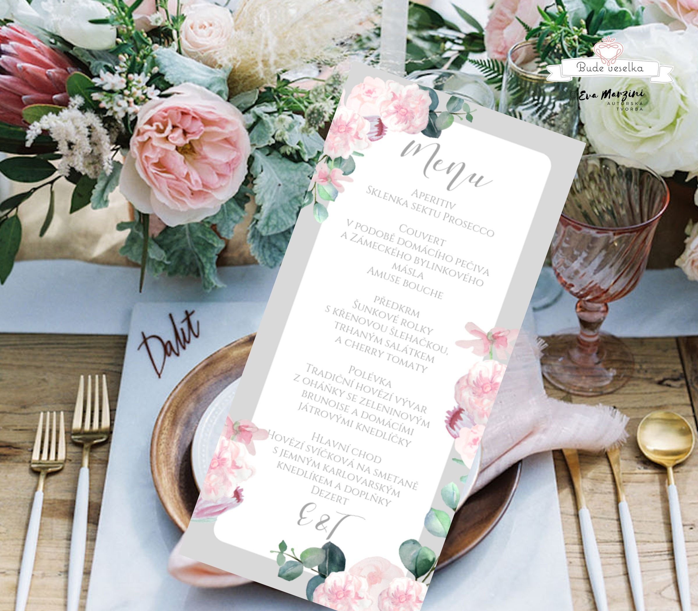 Svatební menu Šípkové růže, šedá a bílá, 99 mm x 210 mm tištěné