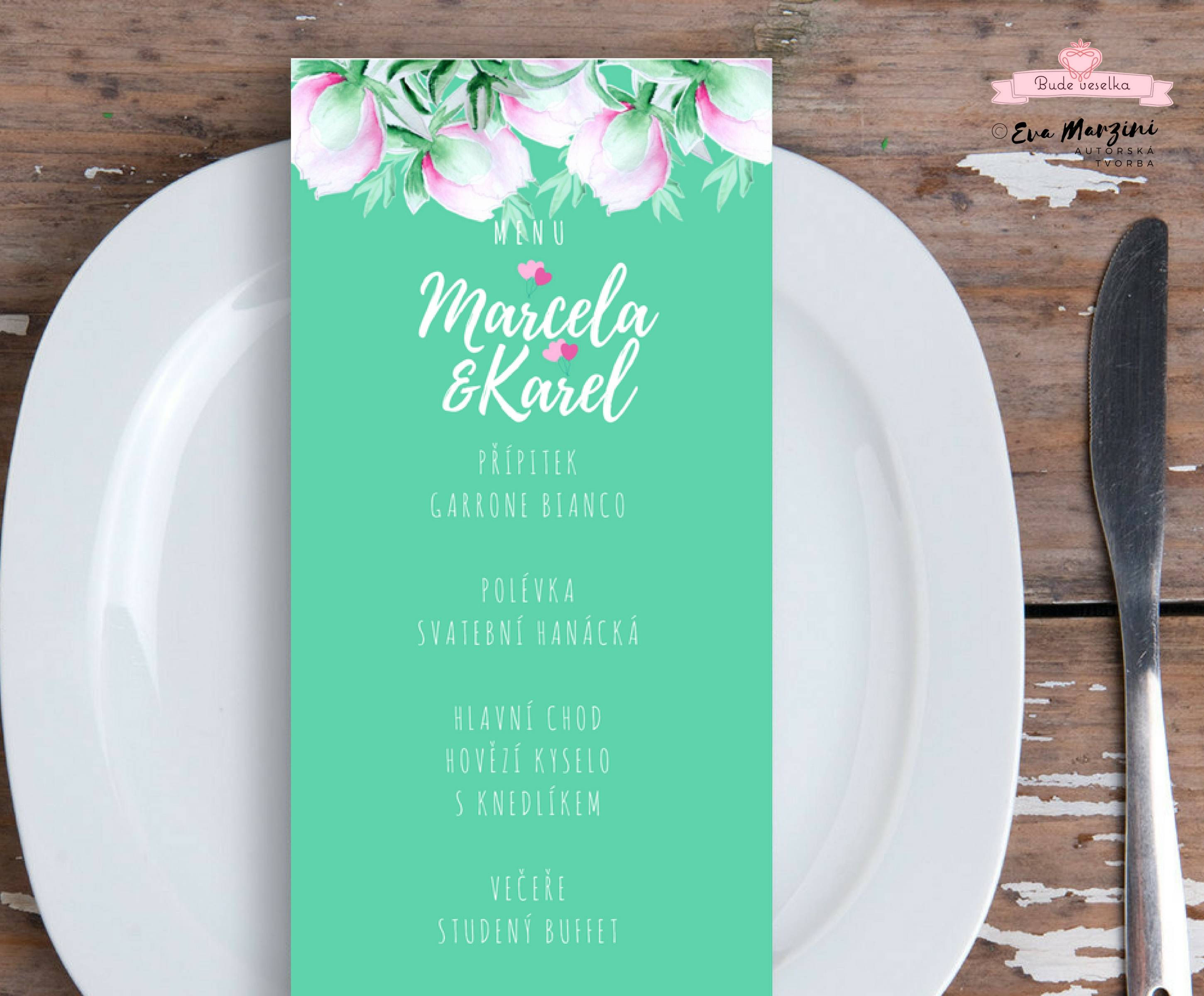 Svatební menu Poupě - zelené, 99x210 mm tištěné