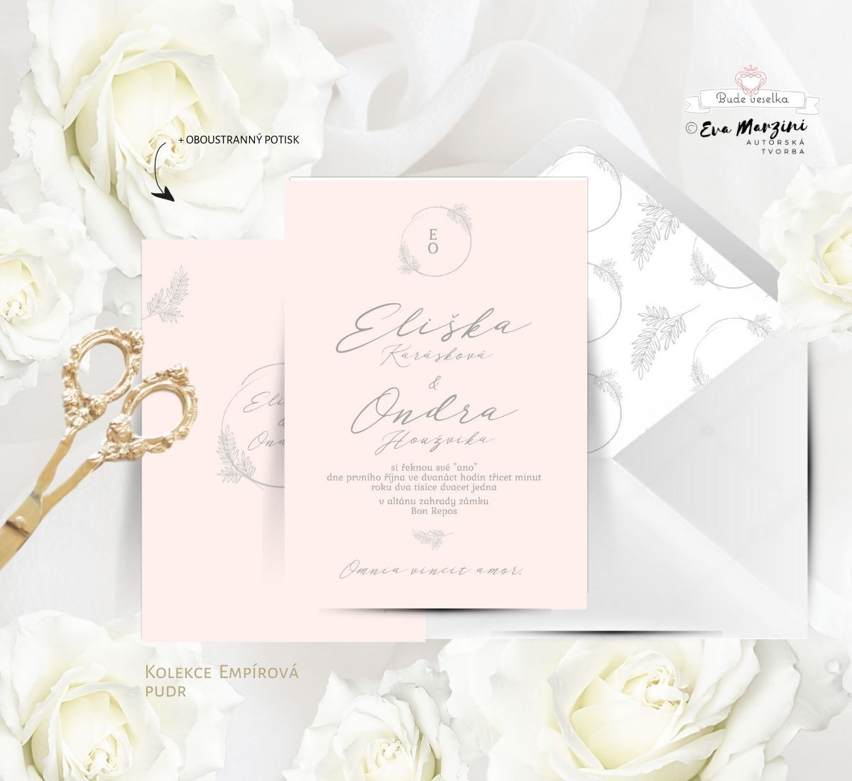 Svatební oznámení jednoduché v minimalistické, pudrové růžové s průhledným přebalem a bílou perleťovou pečetí