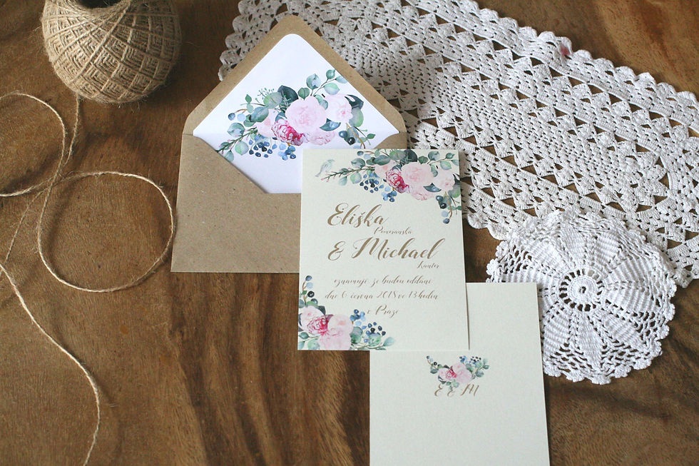 Miniatura: Svatební oznámení s pivoňkami v bílé, růžové, modré s ptáčkem ve stylech boho vintage a rustic