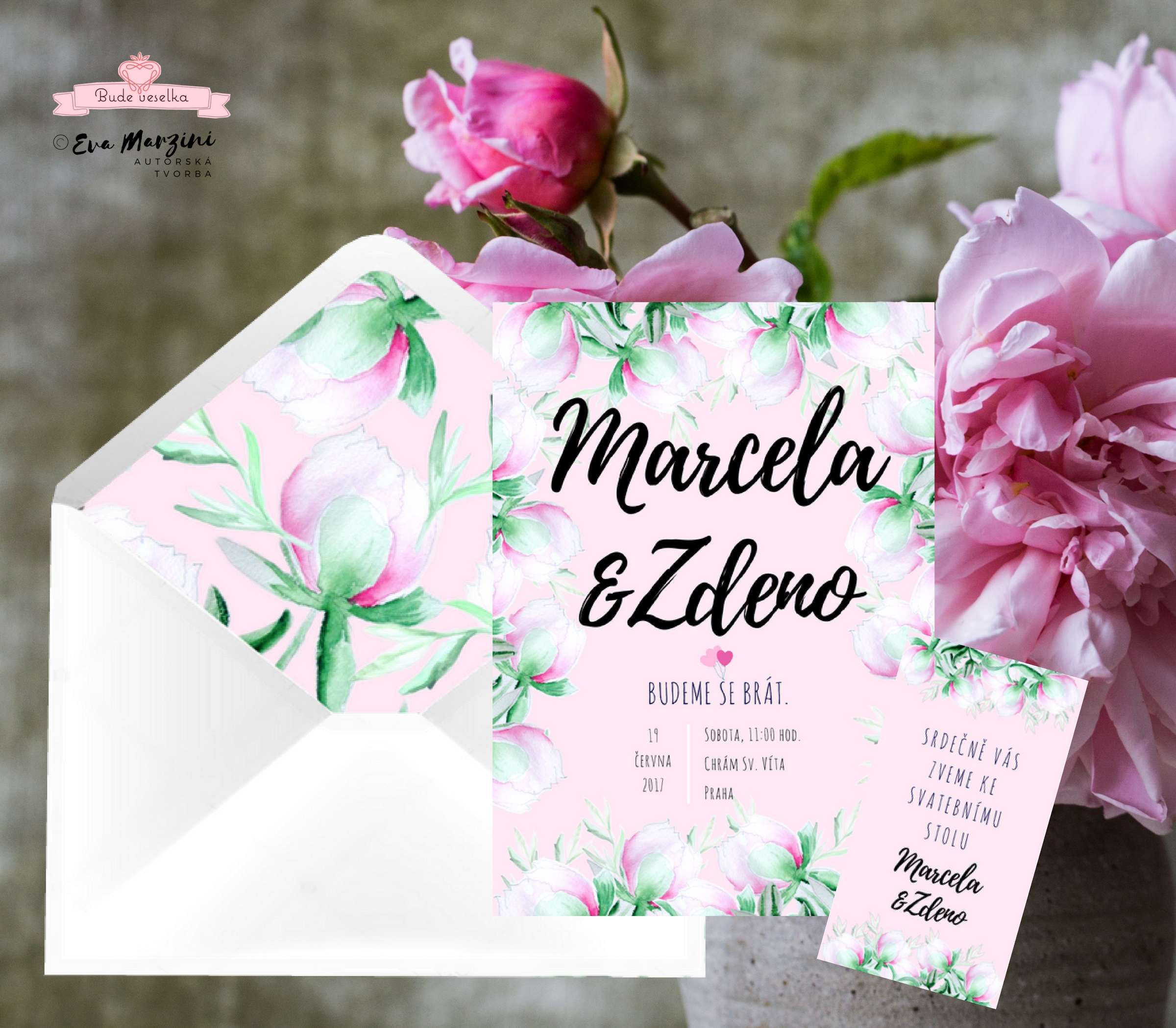 Svatební oznámení růžové s poupaty pivoněk ve stylech boho vintage a rustic