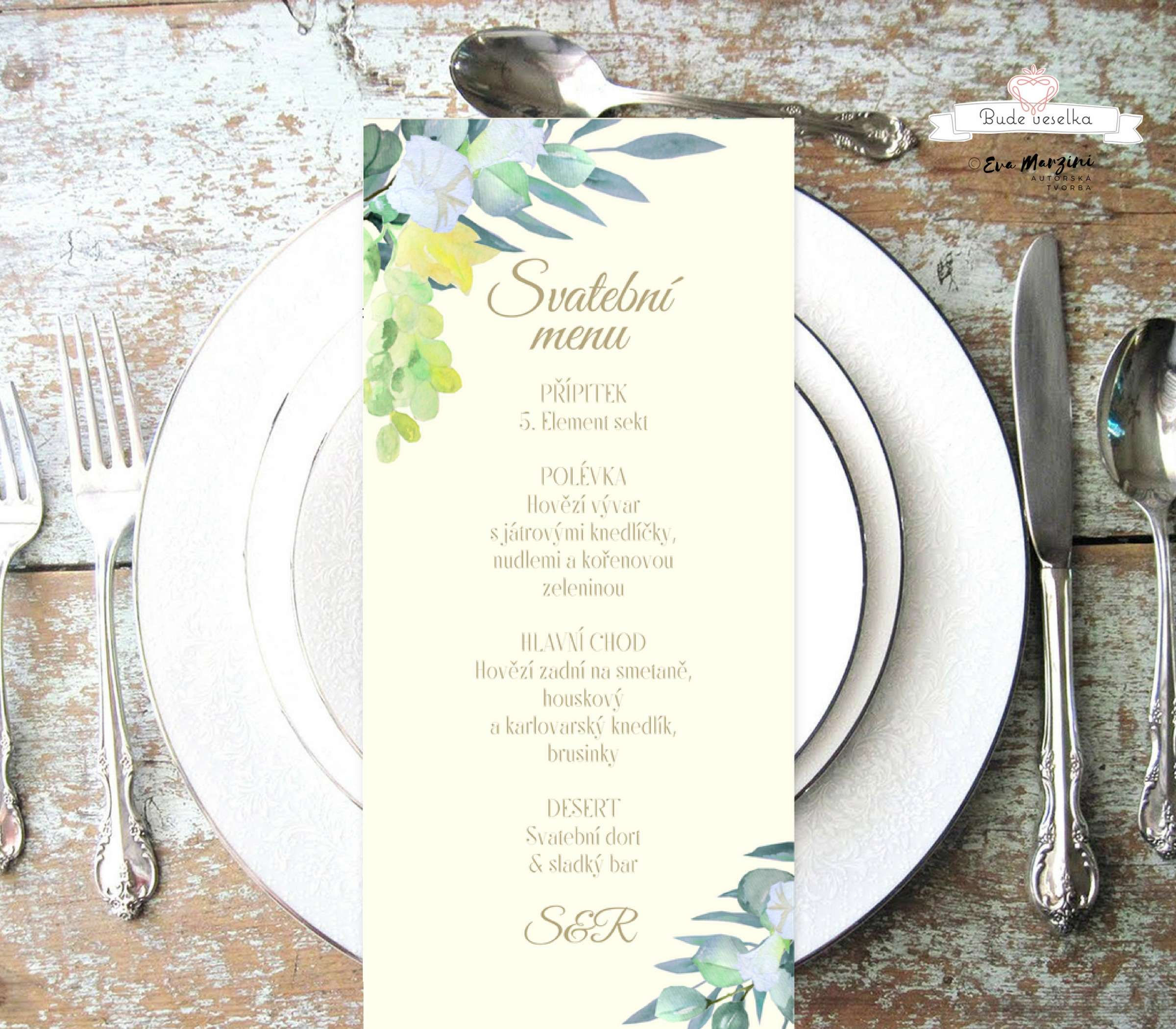 Svatební menu Réva a eucalyptus, v krémové, 99 mm x 210 mm tištěné