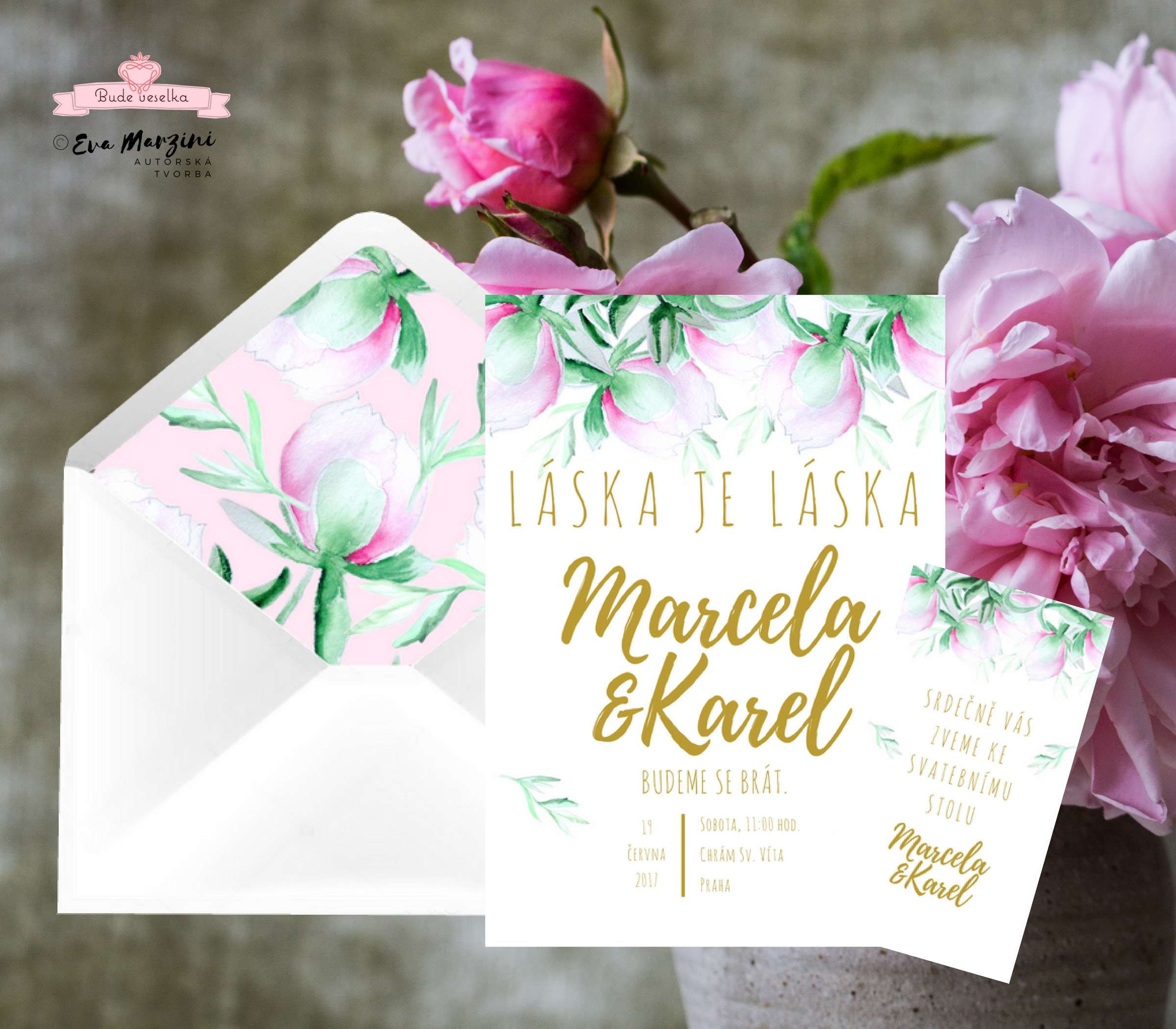 Svatební oznámení bílé se zlatým písmem s poupaty pivoněk ve stylech boho vintage a rustic