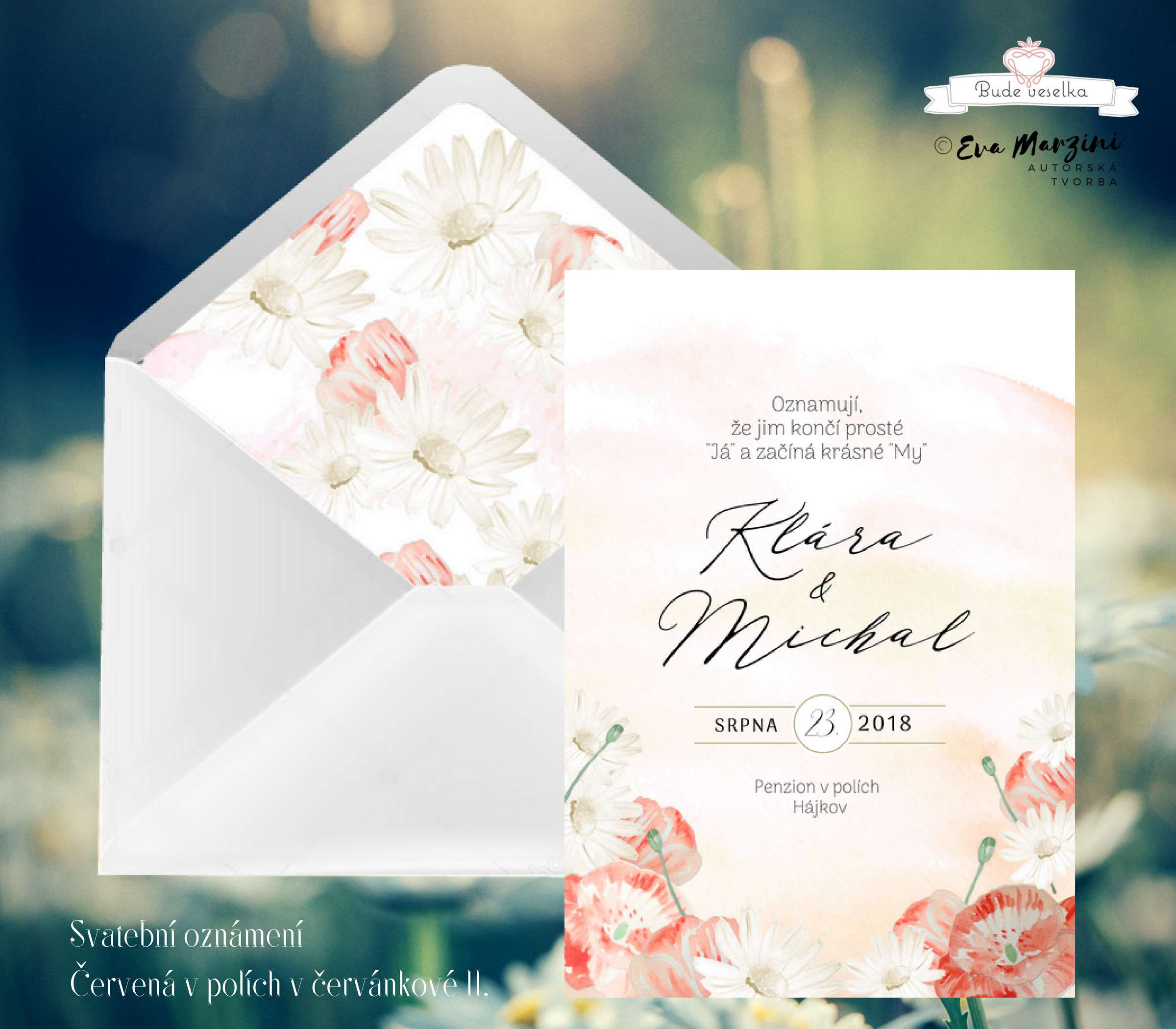 Svatební oznámení červánkové a bílé s červenými máky a béžovými květy ve stylech boho vintage a rustic