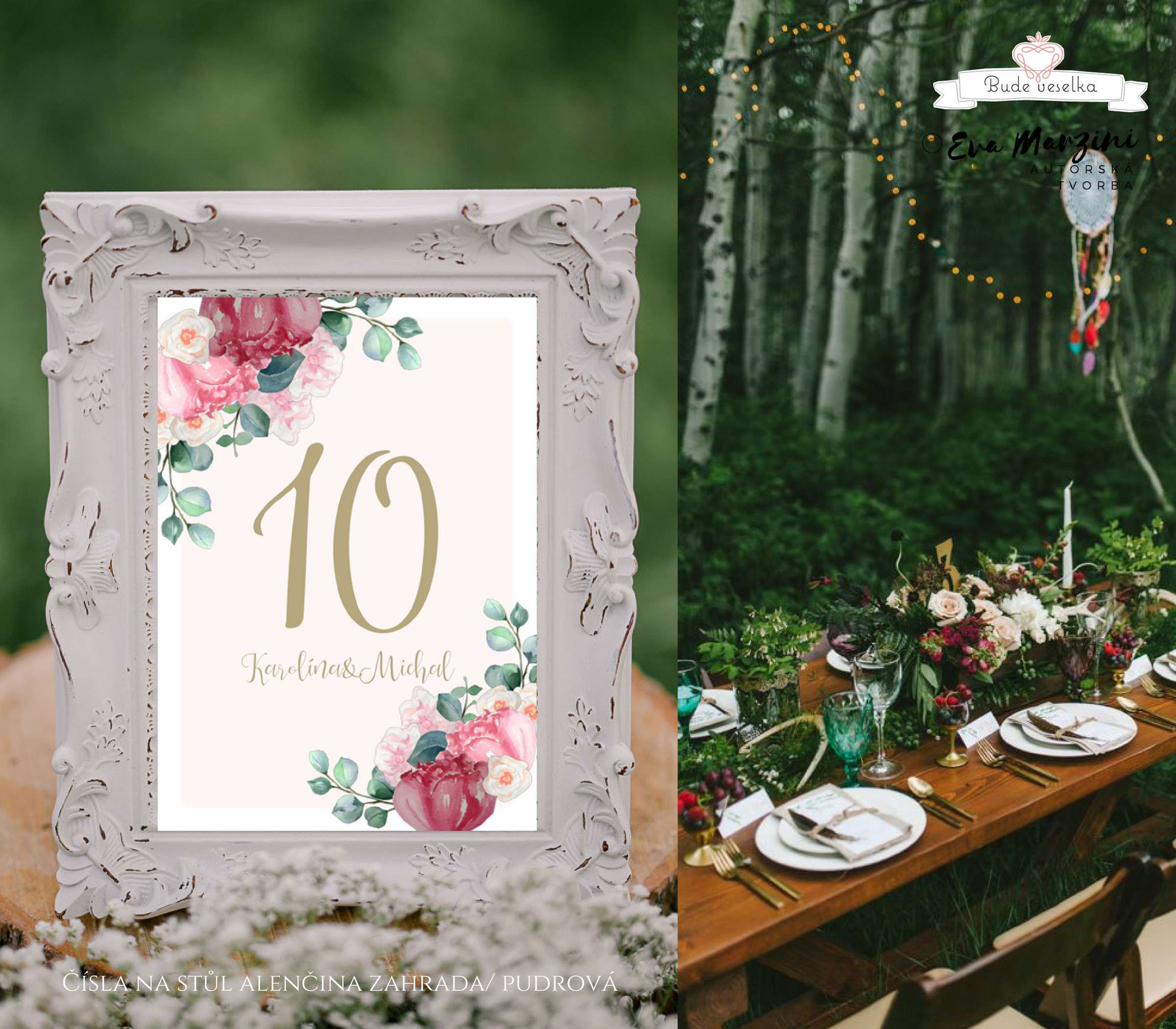 Čísla 1-10 na stoly Alenčina zahrada, pudr