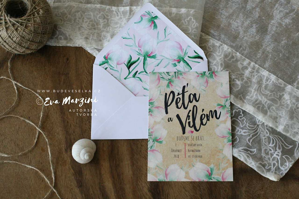 Miniatura: Svatební oznámení přírodní dřevo s poupaty pivoněk ve stylech boho vintage a rustic