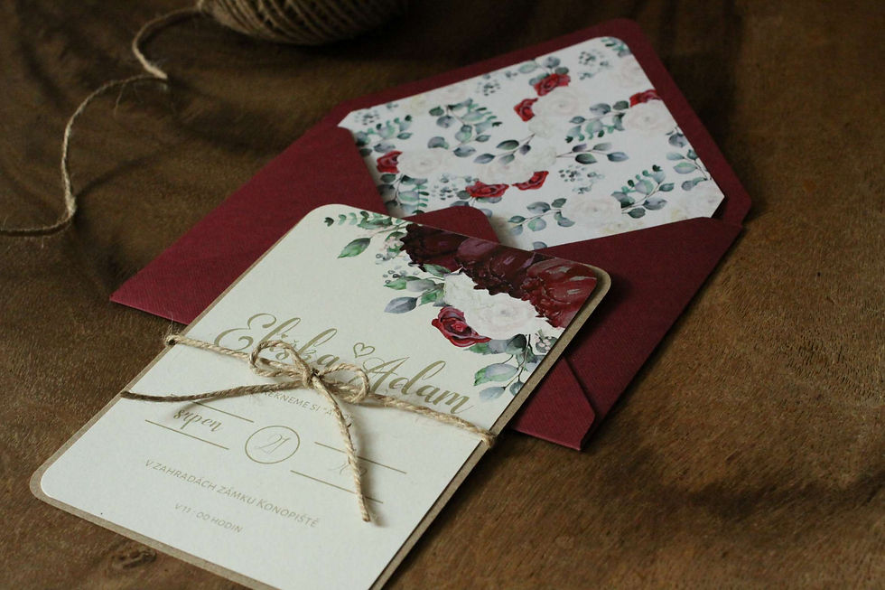 Miniatura: Svatební oznámení boho v ivory s vínovými a pudrovými květy ve stylu vintage, boho a rustikální