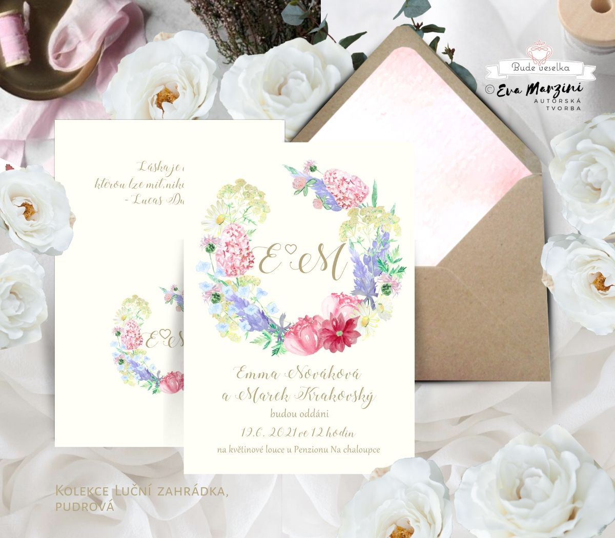 Svatební oznámení Luční zahrada, ivory s barevnými lučními květy a bylinami