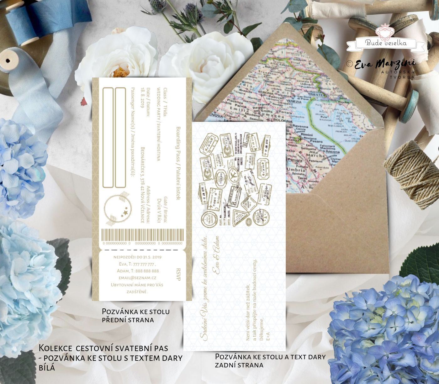 Svatební pozvánka s textem na dary Svatební pas, bílá/zlatá, 75x165 mm