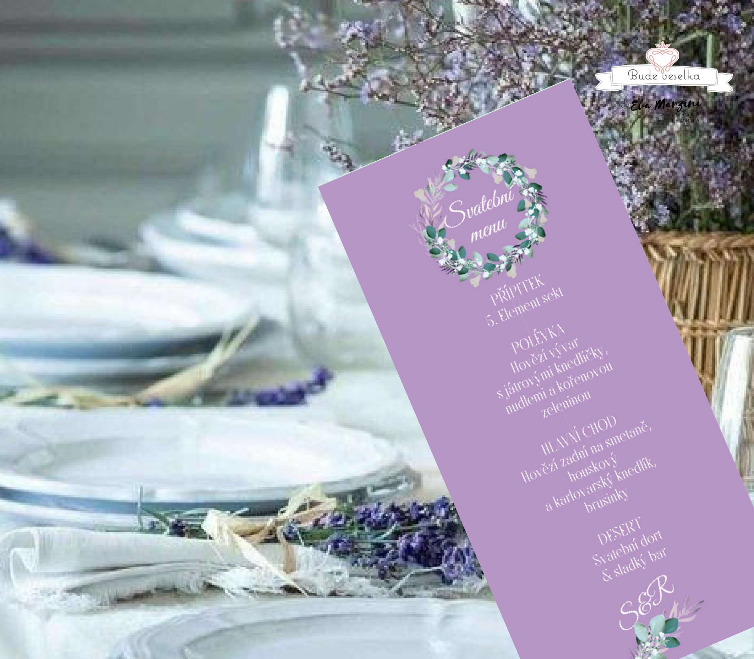 Svatební menu Boho lila věneček, ve fialové, 99 mm x 210 mm tištěné