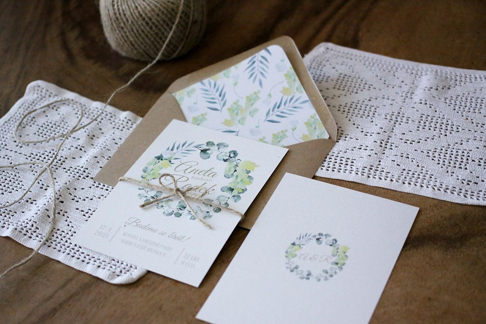 Miniatura: Svatební oznámení Réva a eucalyptus, bílé - tištěné oboustranně