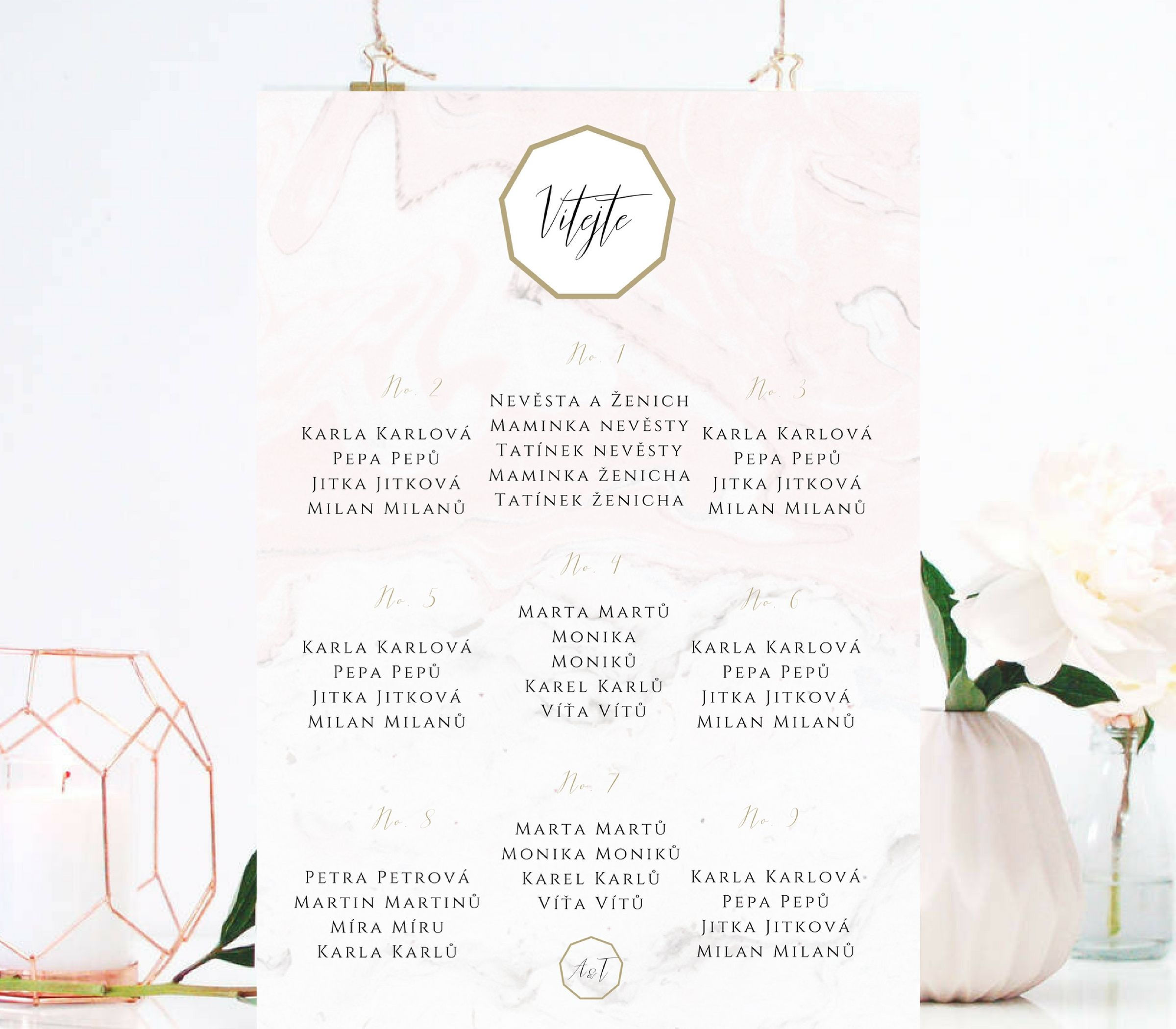 Zasedací pořádek Mramor - růžovobílá, A3