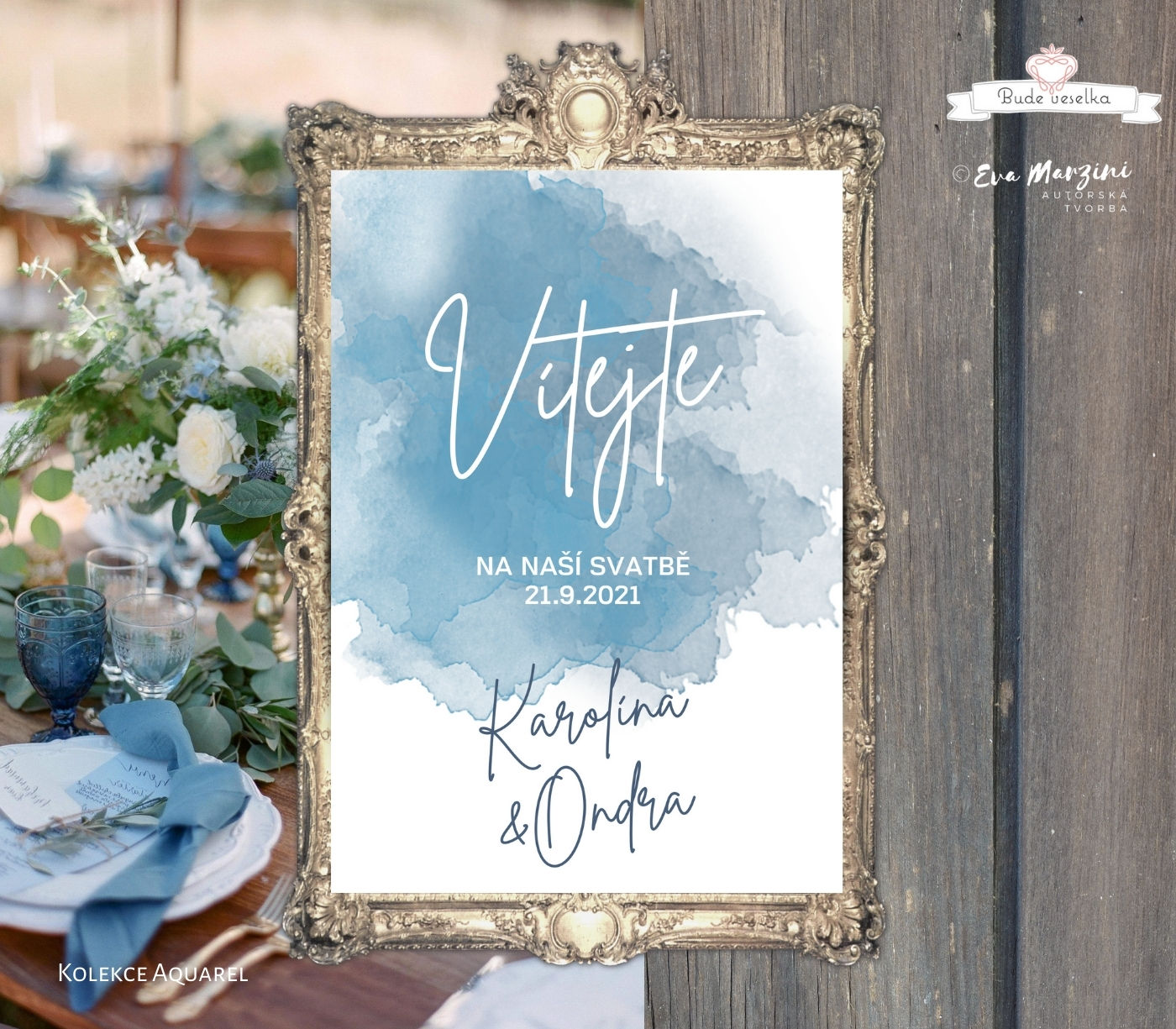 Plakát Vítejte Aquarell, A3, dusty modrá