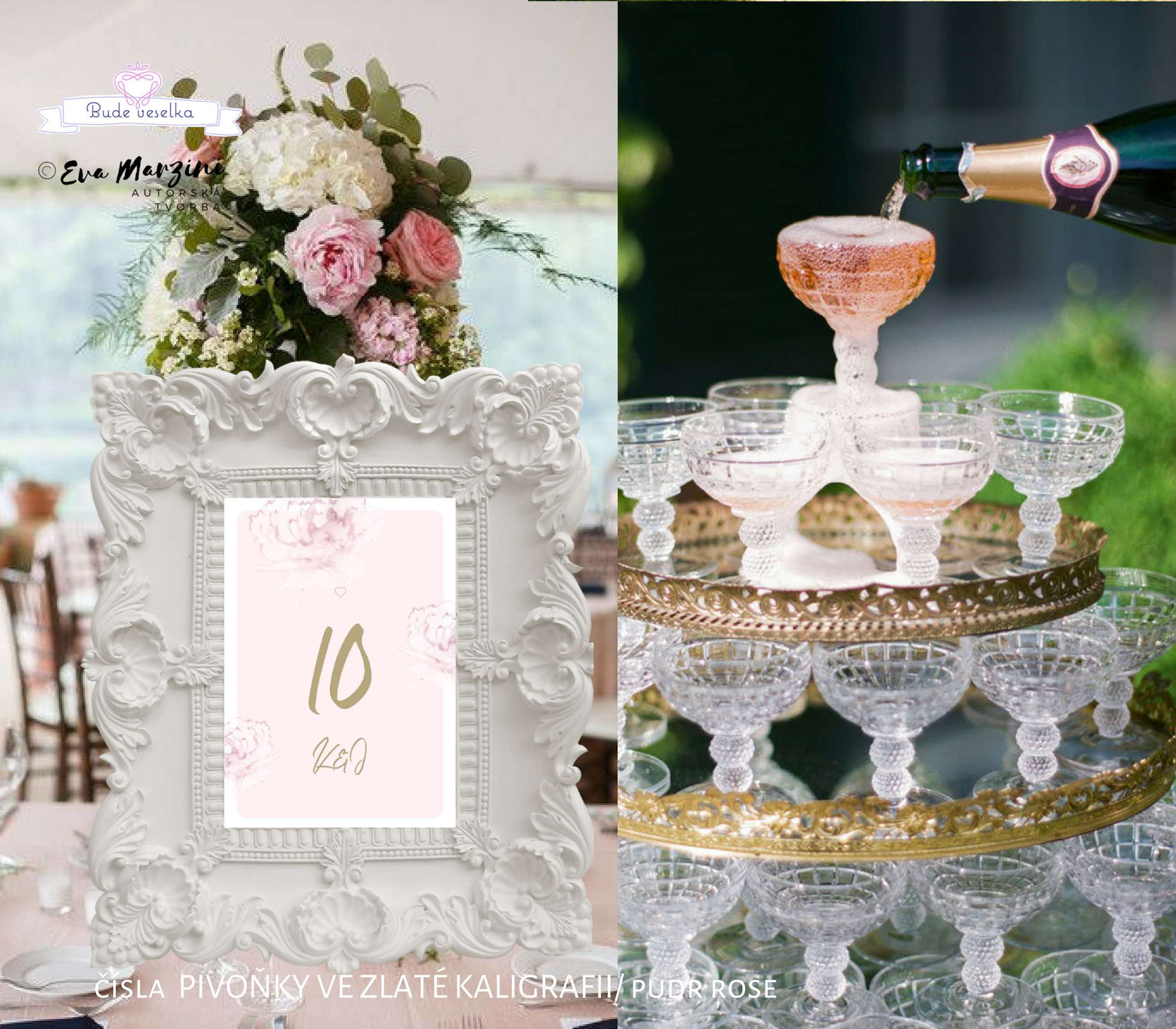 Čísla 1-10 na stoly Pivoňky ve zlaté kaligrafii, pudr rose