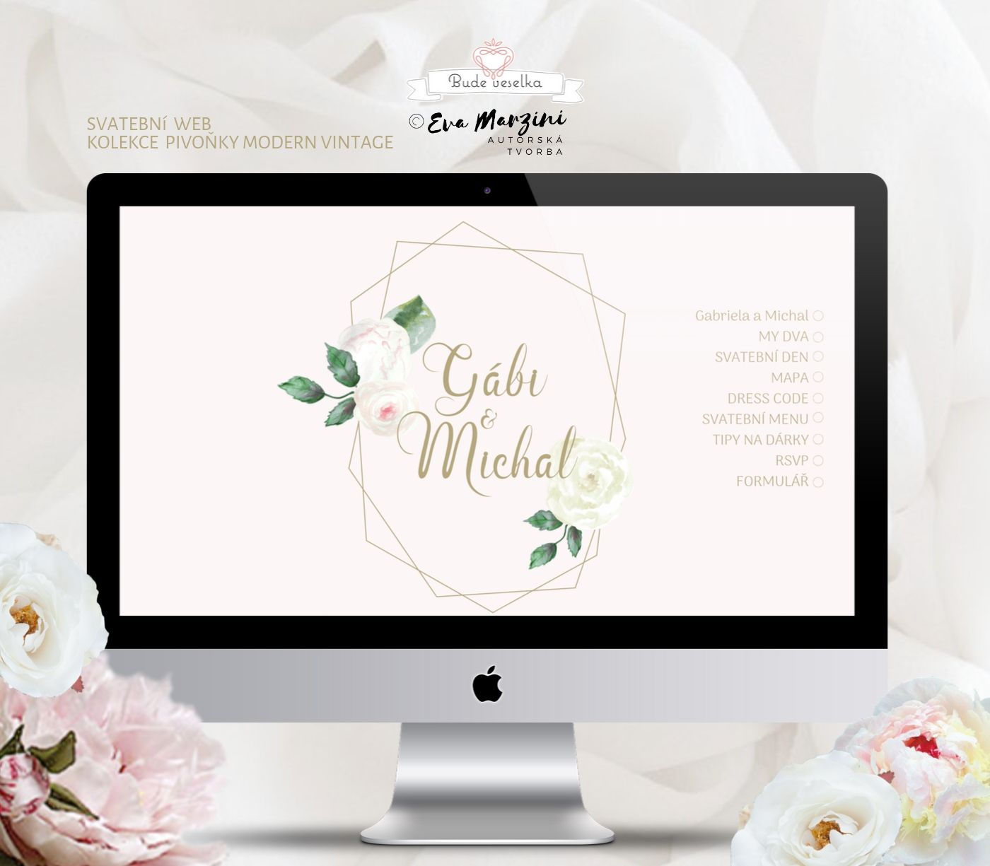 Svatební web Vintage Geometry s geometrickými úhelníky, pivoňkami a růžmi v pudrové pro vintage svatby.