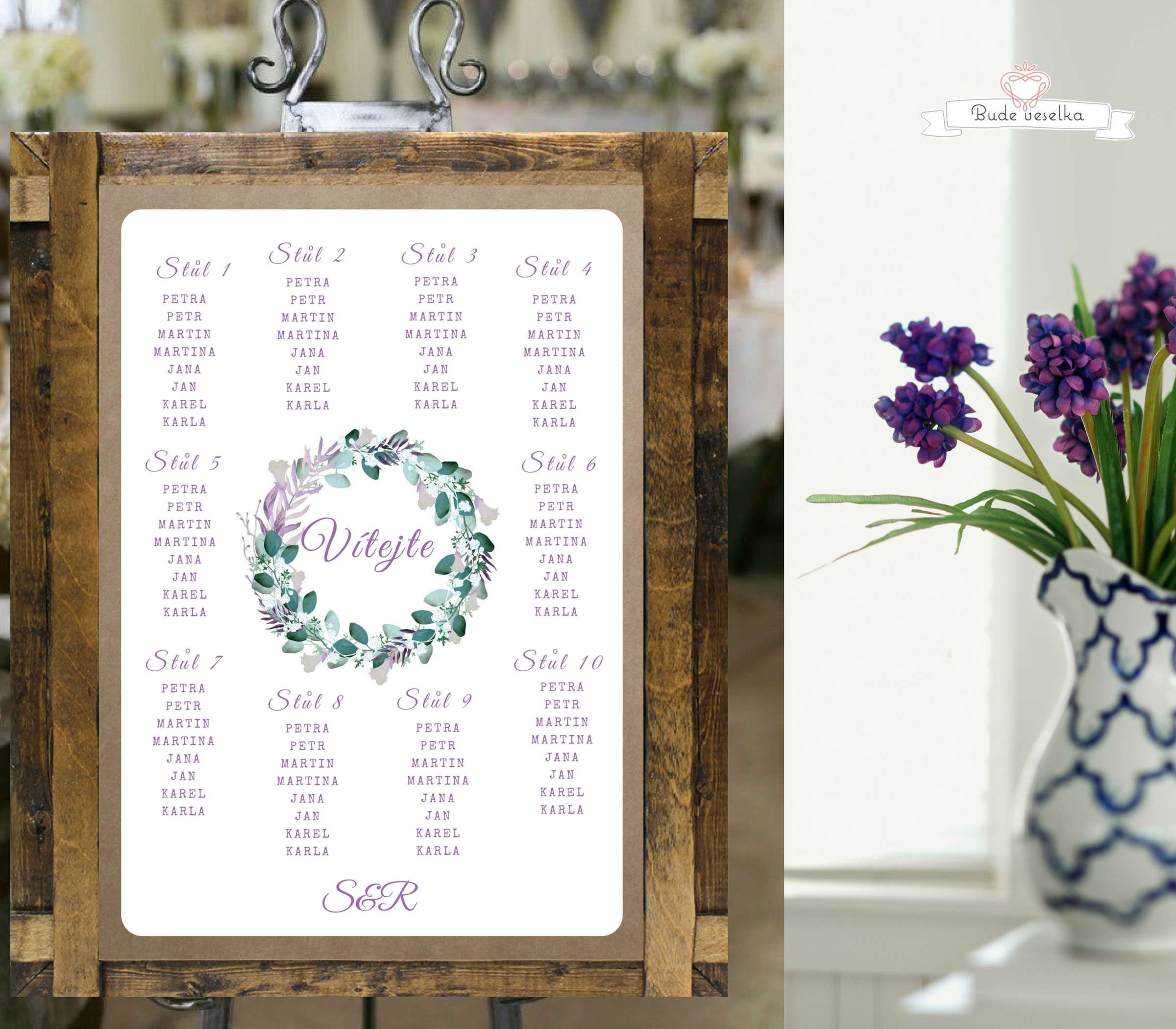 Zasedací pořádek Boho lila věneček, A3, v bílé