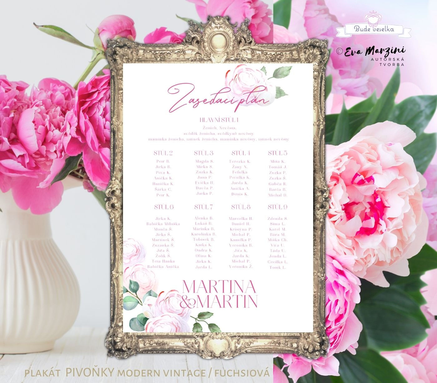 Plakát Zasedací plán Pivoňky Vintage, A3 - fuchsiová - tištěný