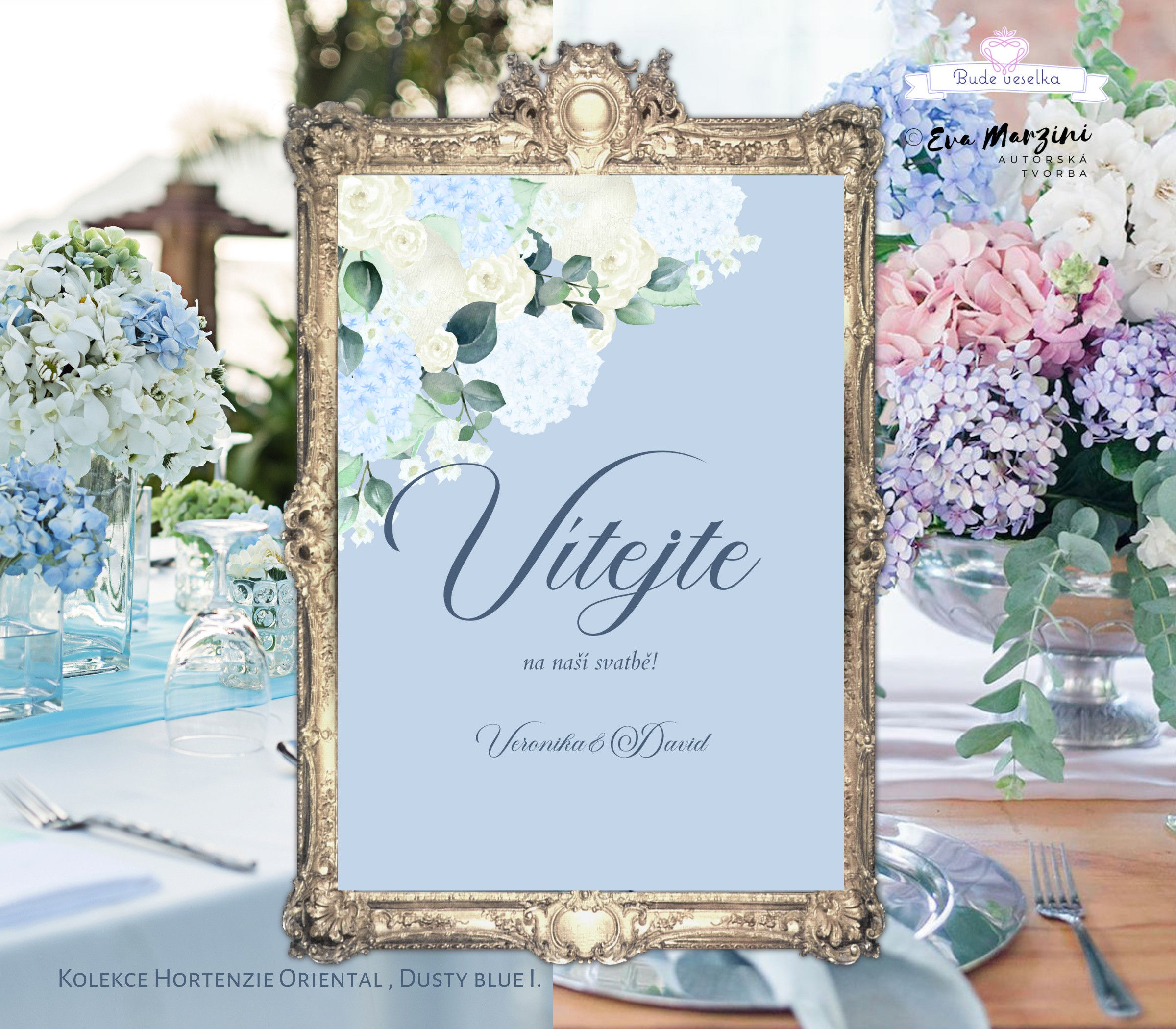 Plakát Vítejte Hortenzie Oriental, A3, dusty blue I.