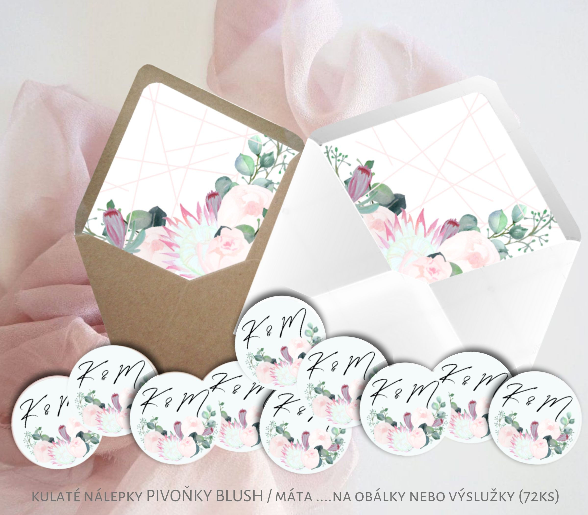 Kulaté nálepky Pivoňky BLUSH, mint 72 ks /45 m