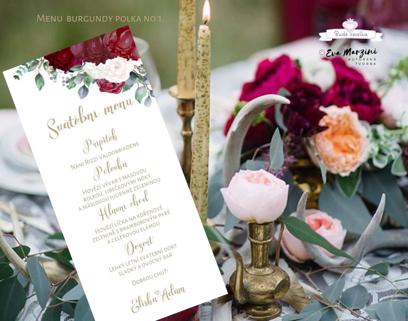 Menu Burgundy Polka, bílá, 99x210 mm