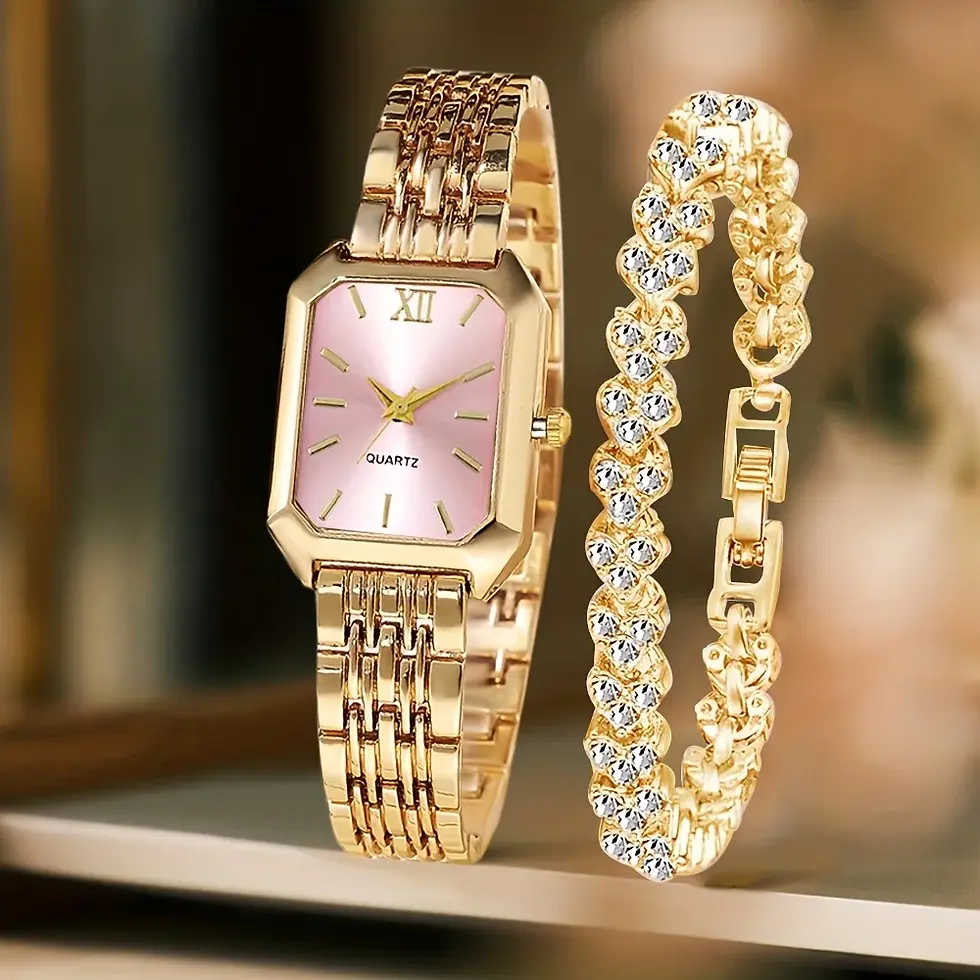 Thumbnail: 2PCS/Set Fashion Rectangle Women Quartz Watch Ladies Roma Dial Wristwatches Rhin