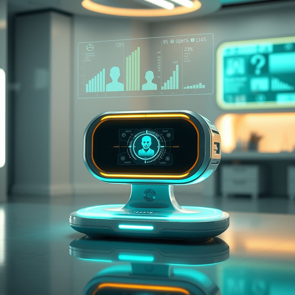 3D render of a sleek futuristic medical device called EmoGene that scans human emotions. S