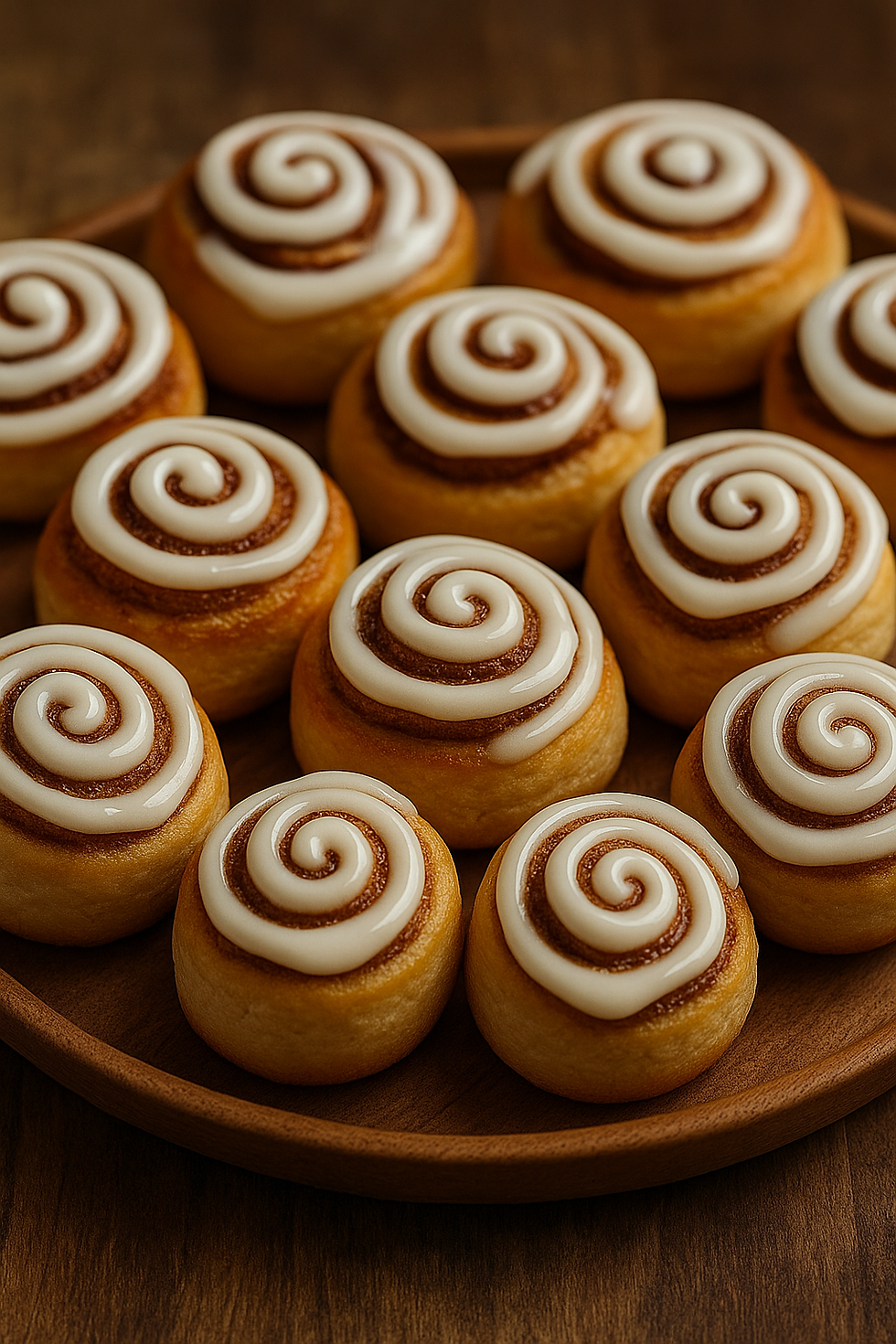 Tiny cinnamon rolls with swirly icing.