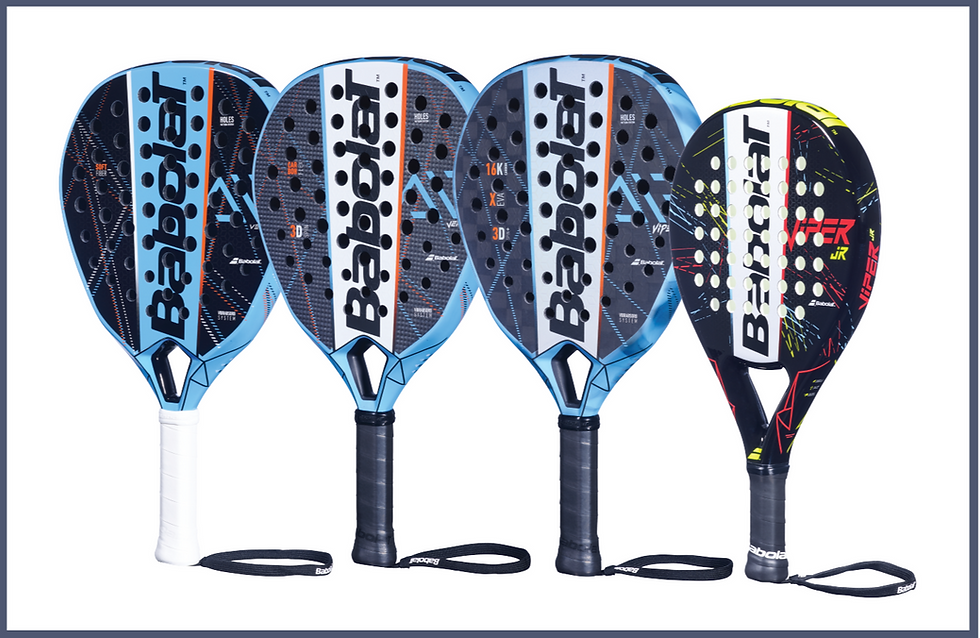 four Babolat padel paddles sat in a row