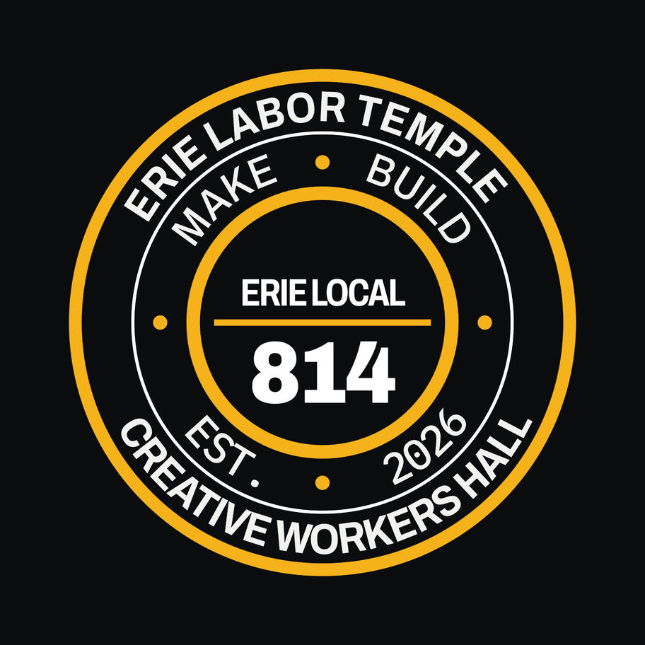 Creative Workers Hall Erie Local 814 circular patch in black, bone, and Voltage Yellow