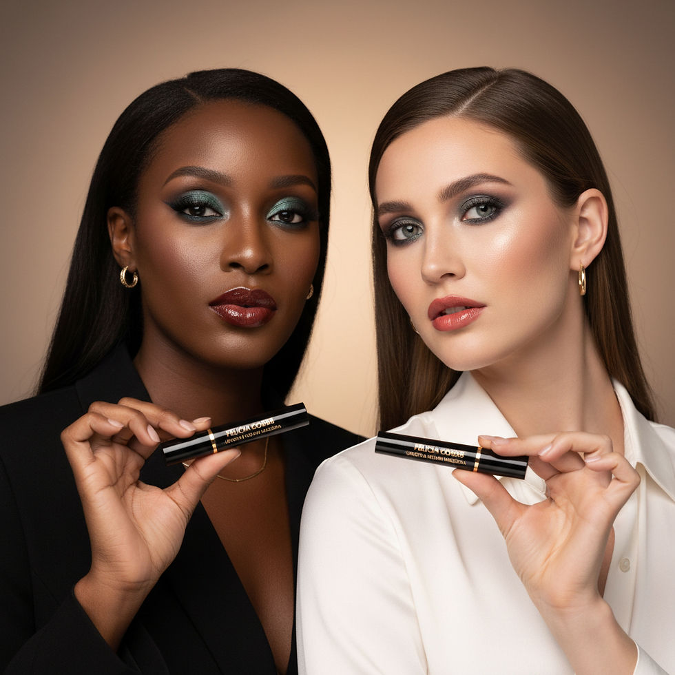 A black woman and white woman standing siding by side with their faced glammed up in bold