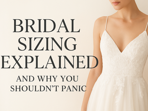 Bridal sizing explained and why you should not panic image with bride in wedding dress with straps.