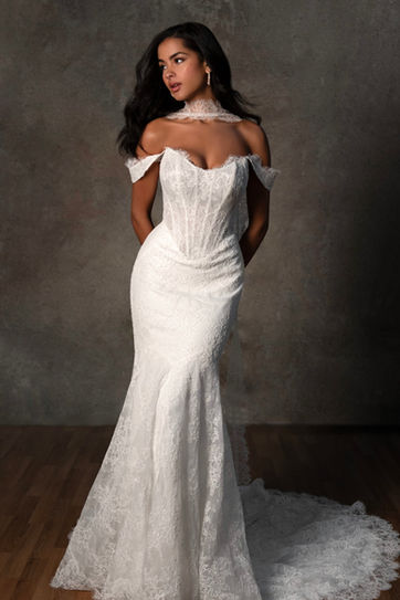 Elegant fit and flare sheath lace wedding dress with off the shoulder sleeves — available at Bridal Galleria of Texas in San Antonio.