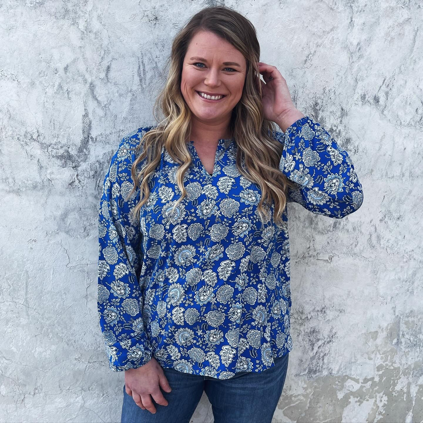 Blue Floral Long Sleeve Blouse