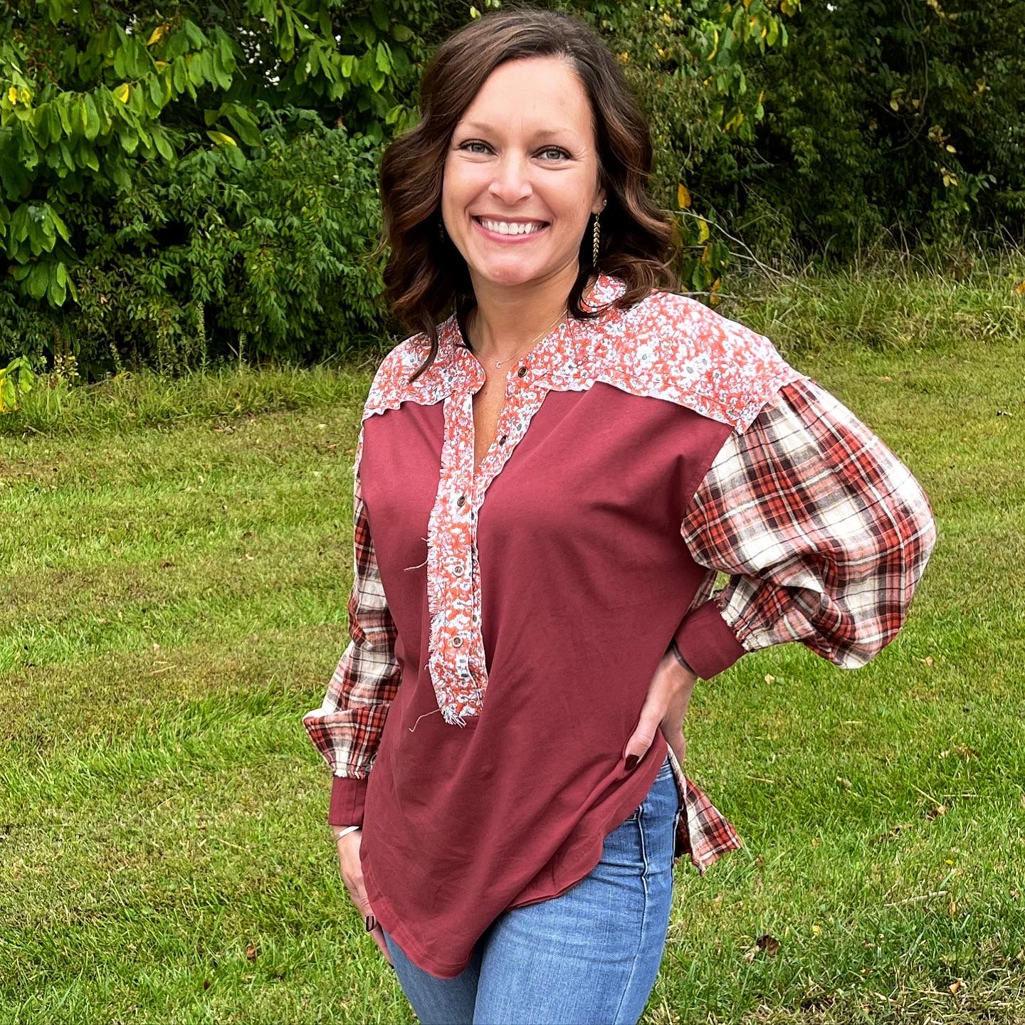 Red Floral Patchwork Top