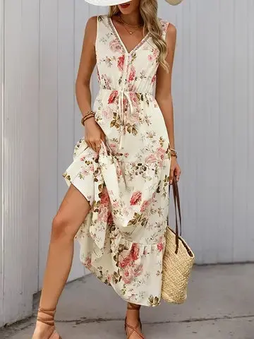 Thumbnail: Floral V-Neck Sleeveless Maxi Dress with Tie Waist