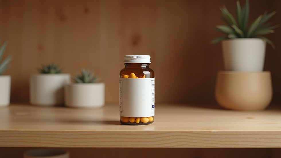 Eye-level view of a vitamin bottle on a wooden shelf